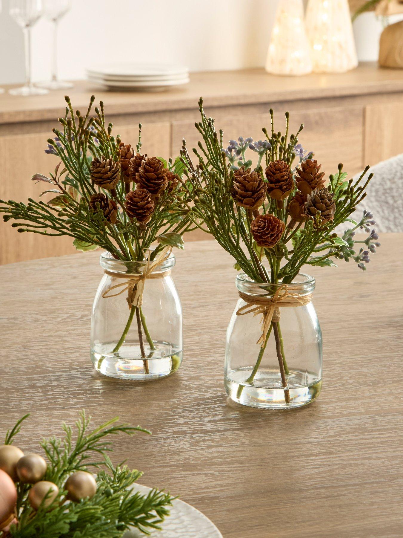 Festive Set of 2 x 18 cm Mixed Green Christmas Foliage Cones in Glass