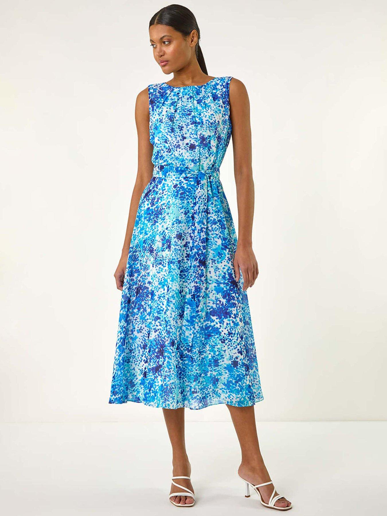 undefined Spot Print Pleated Chiffon Dress - Blue