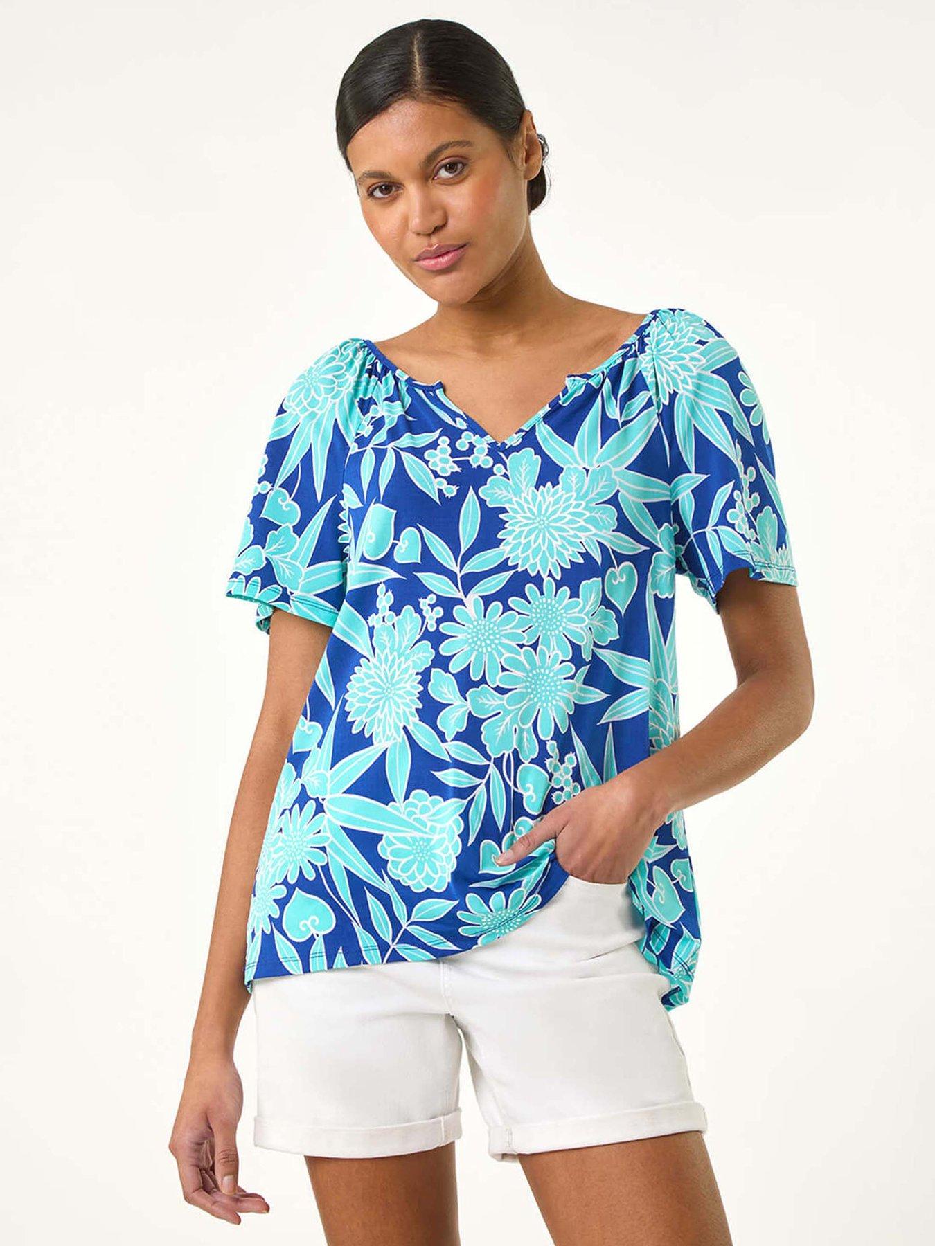 undefined Textured Print Notch Neck Top - Blue