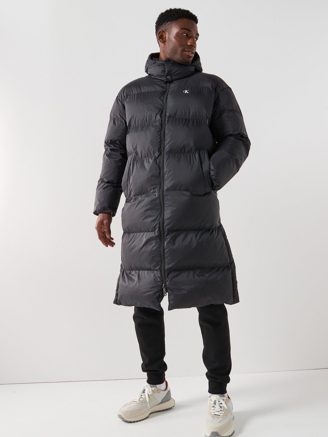 Image 1 of 6 of Calvin Klein Jeans Nylon Zip Off Hood Down Long Quilted Jacket - Black