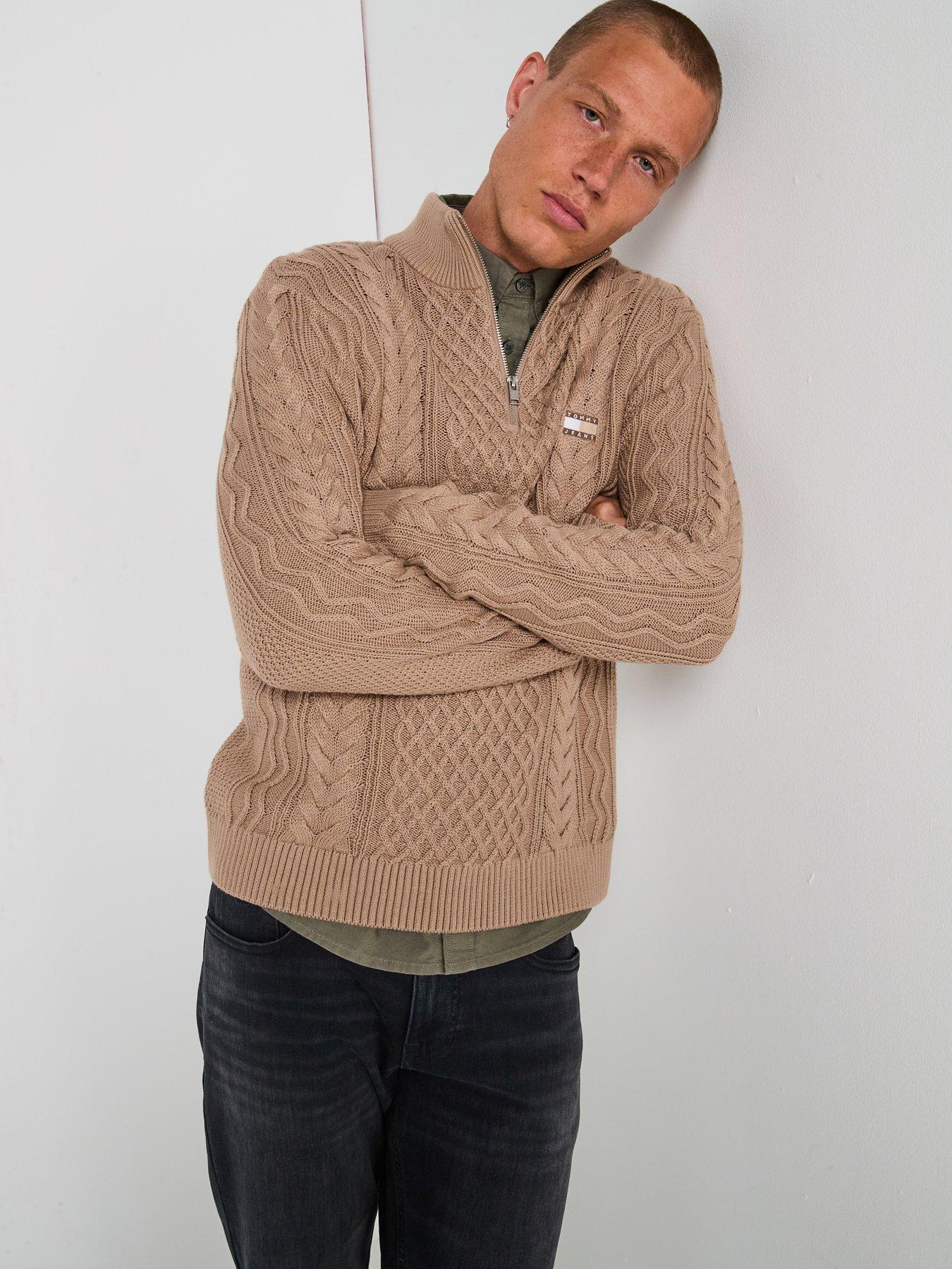 Tommy Jeans Slim Badge Cable Quarter Zip Knitted Jumper - Beige