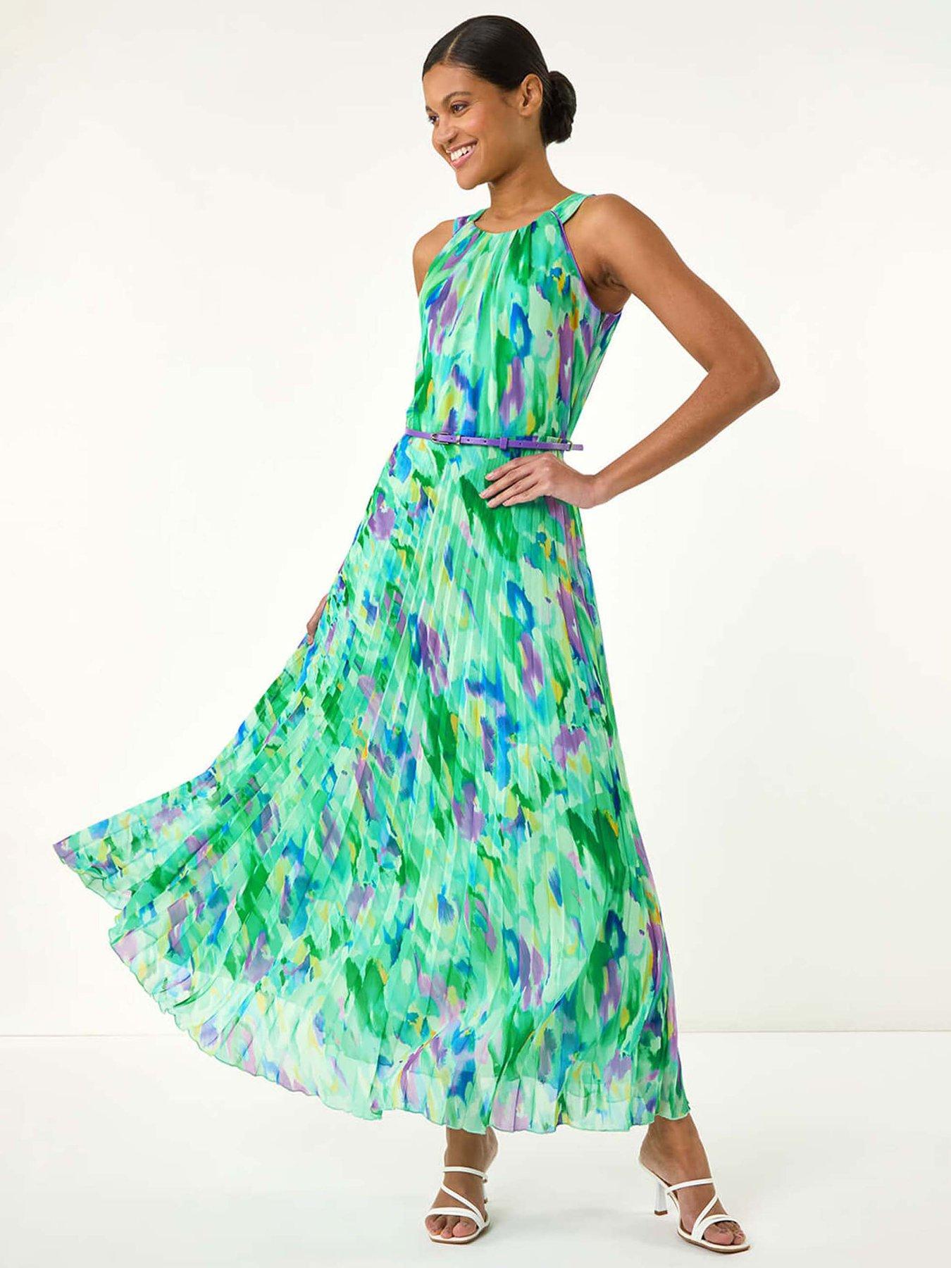 undefined Blurred Print Pleated Maxi Dress - Green