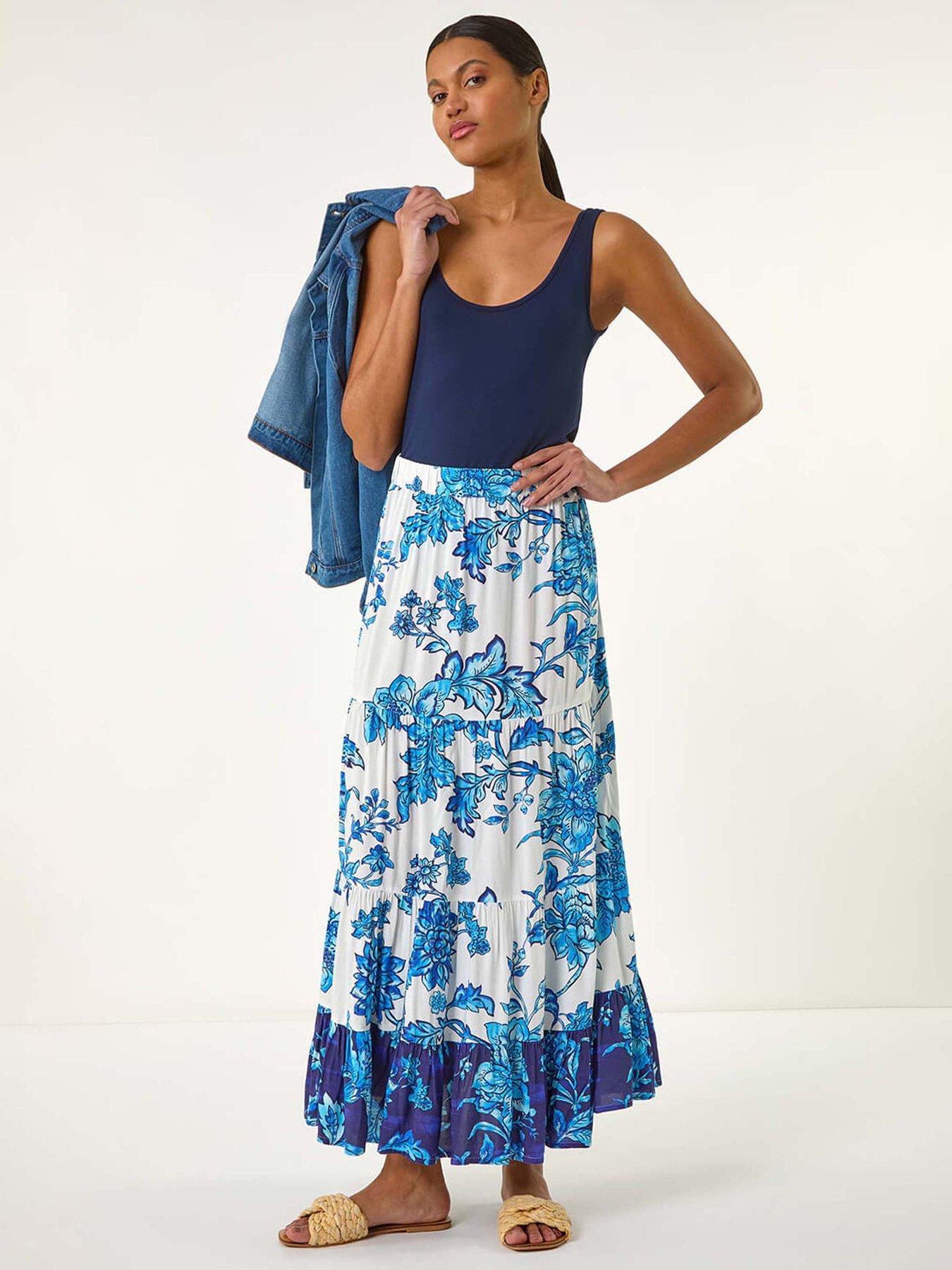 undefined Contrast Floral Tiered Skirt - Blue