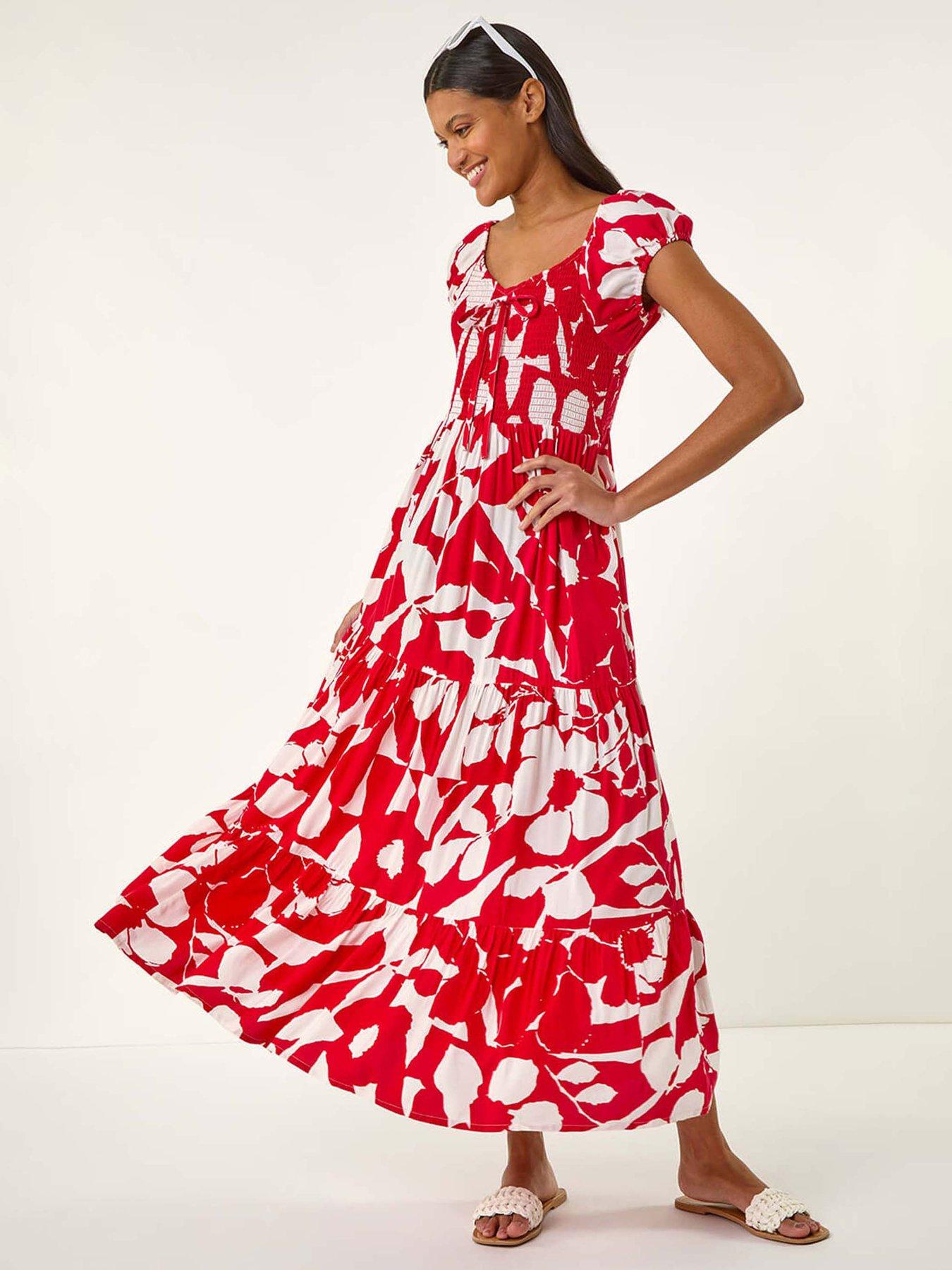 undefined Shadow Floral Tie Tiered Dress - Red