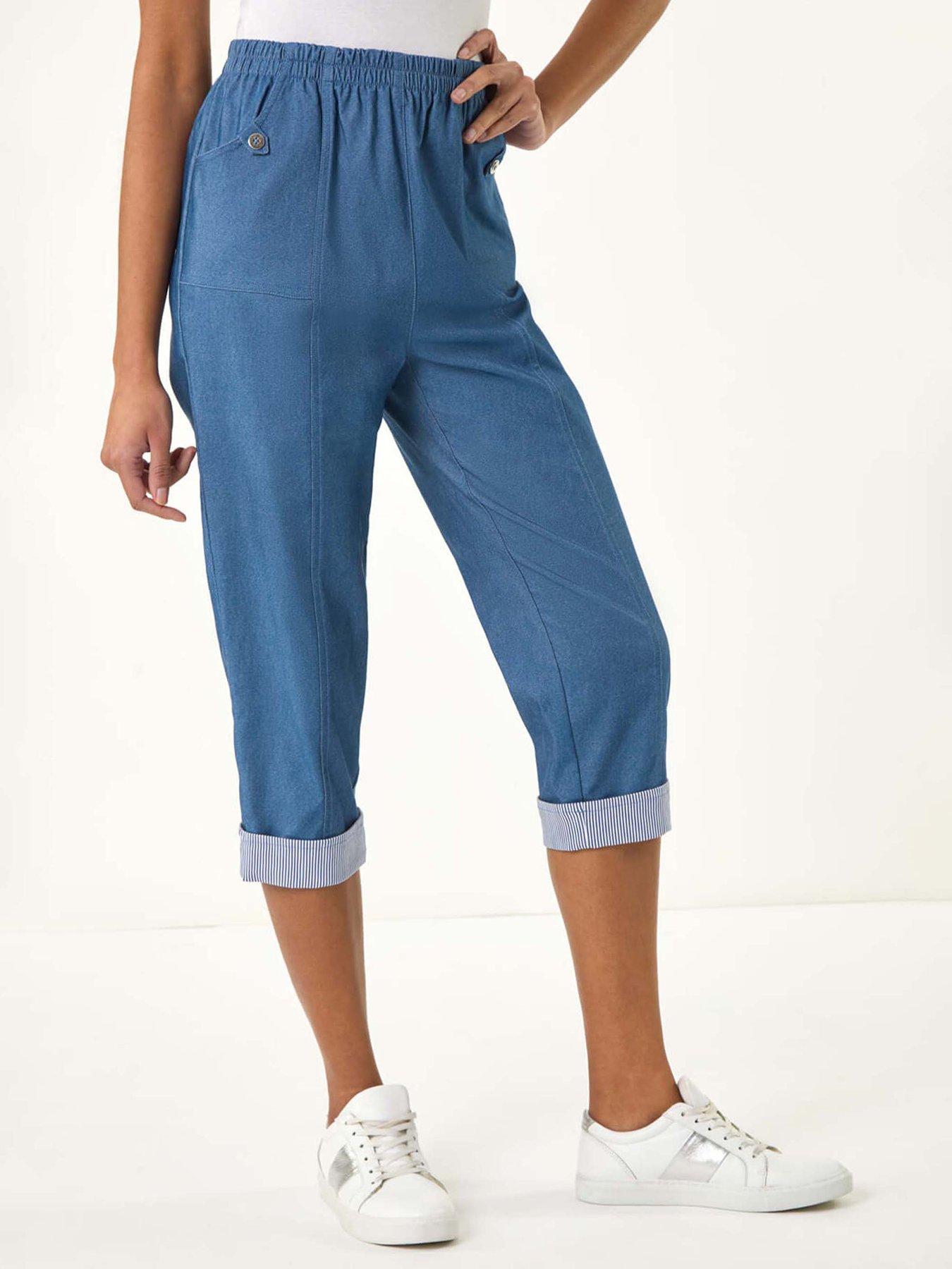 undefined Contrast Detail Cropped Stretch Trousers - Blue