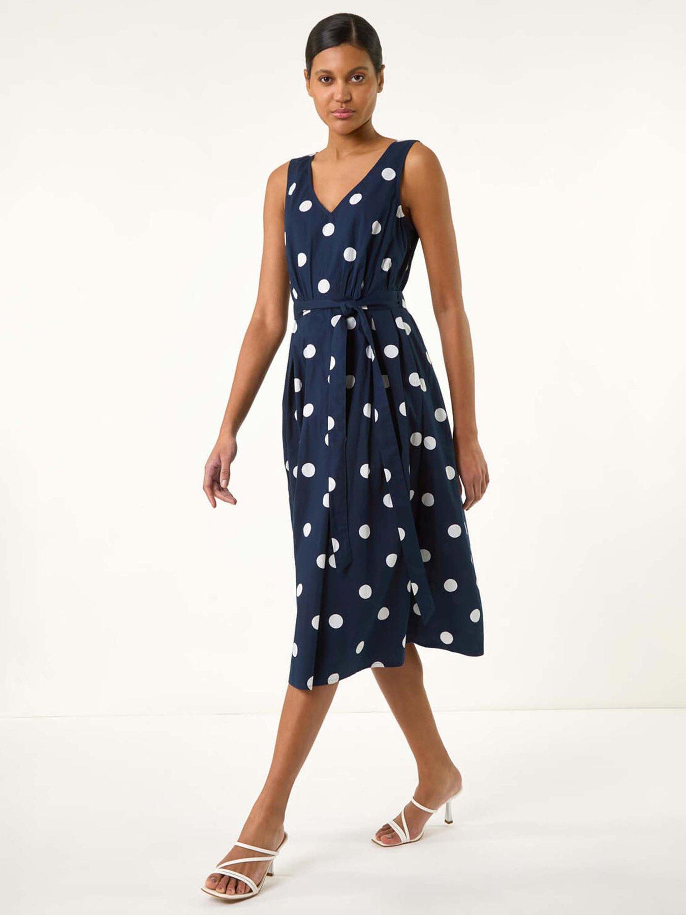 undefined Spot Print Belted Midi Dress - Navy