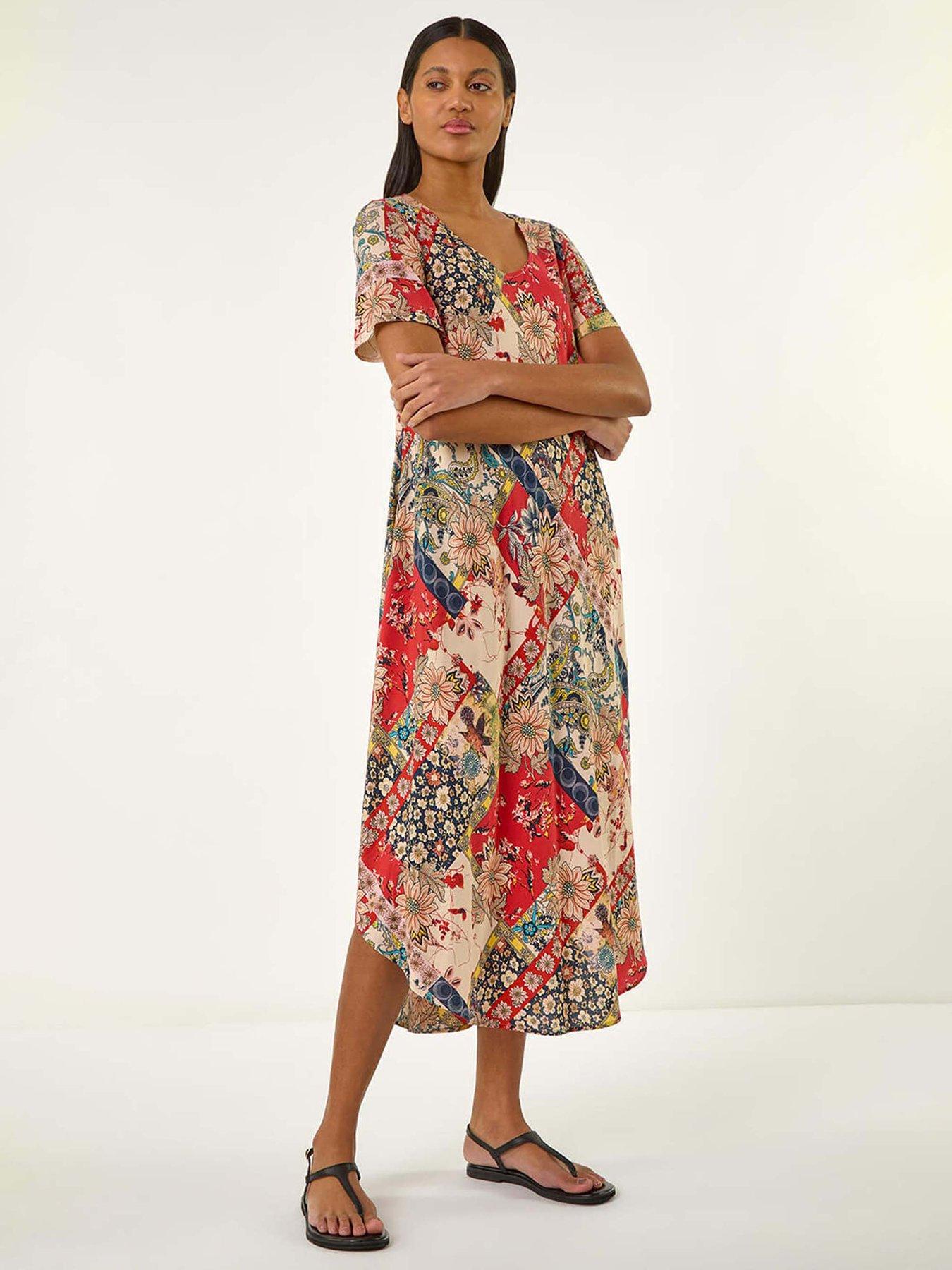 Roman Patchwork Print Curved Hem Midi Dress - Red