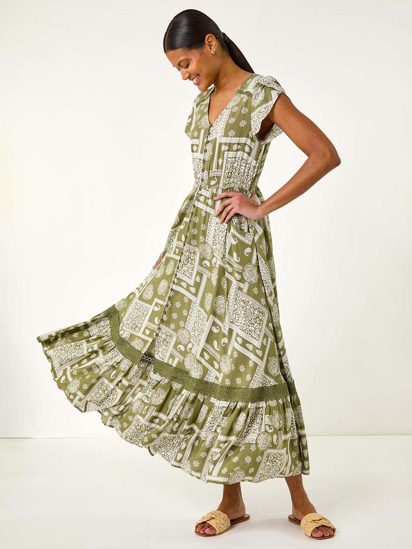 undefined Patchwork Lace Trim Maxi Dress - Green