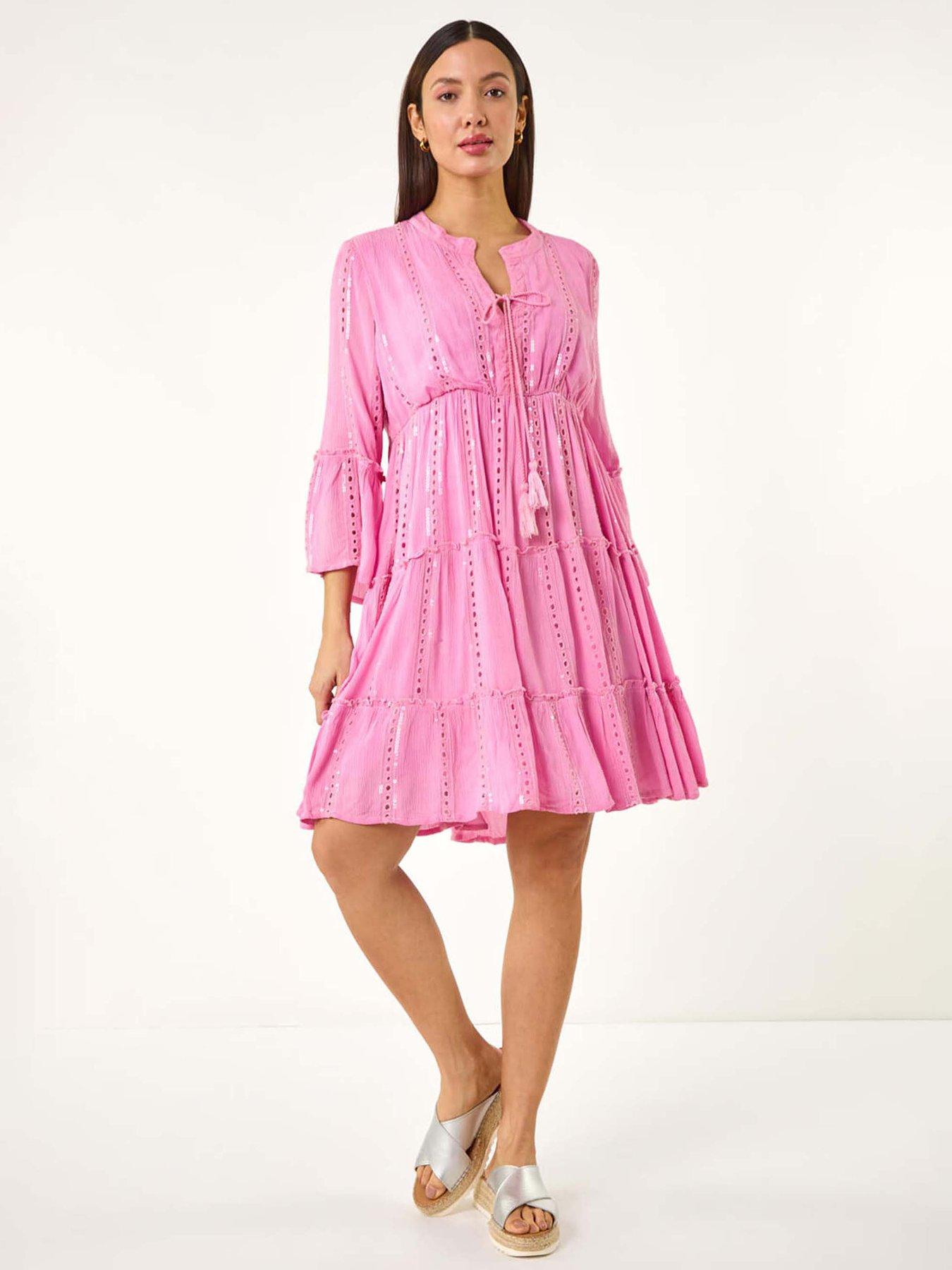 undefined Shimmer Tie Detail Smock Dress - Pink