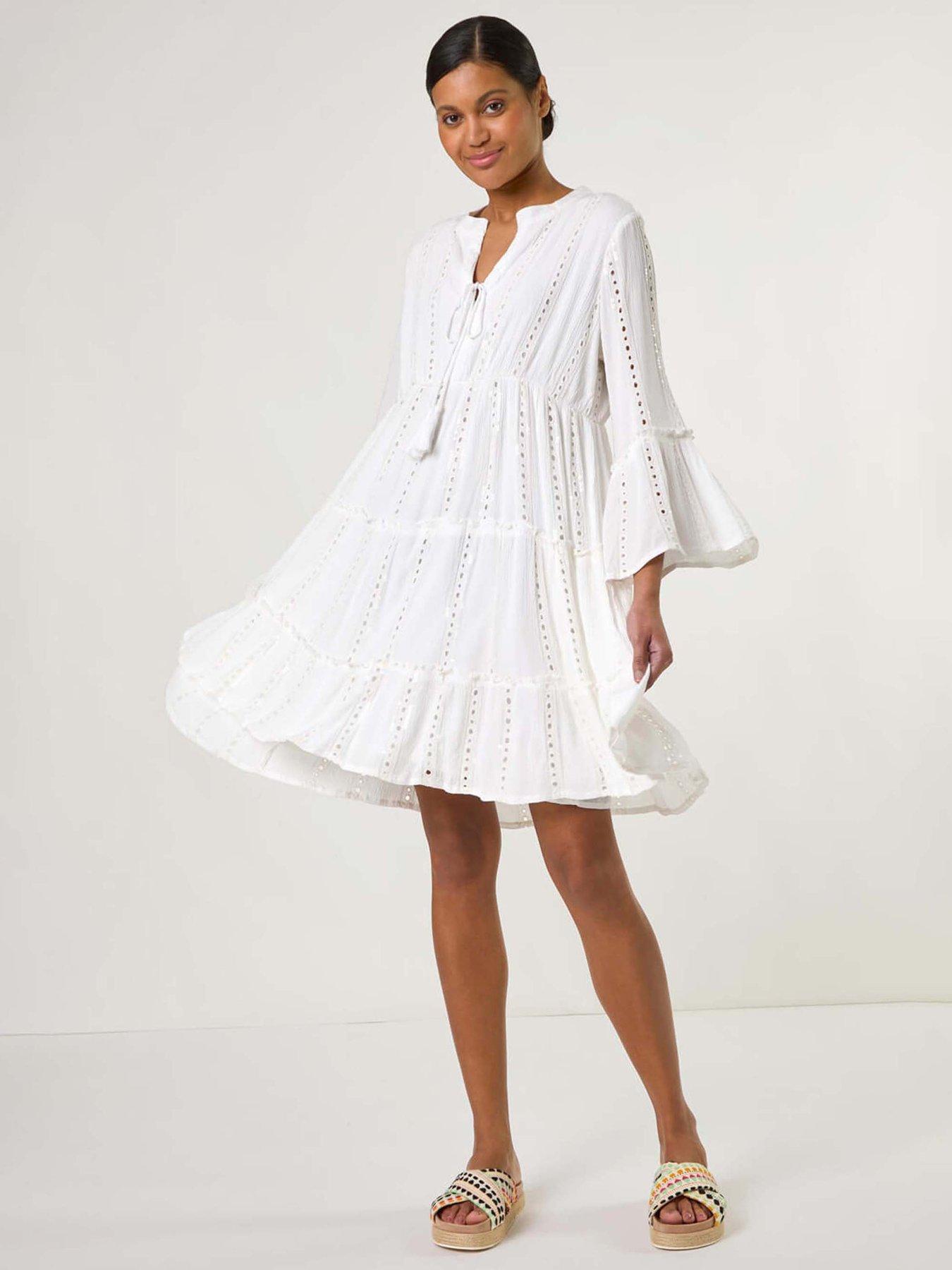 undefined Shimmer Tie Detail Smock Dress - White