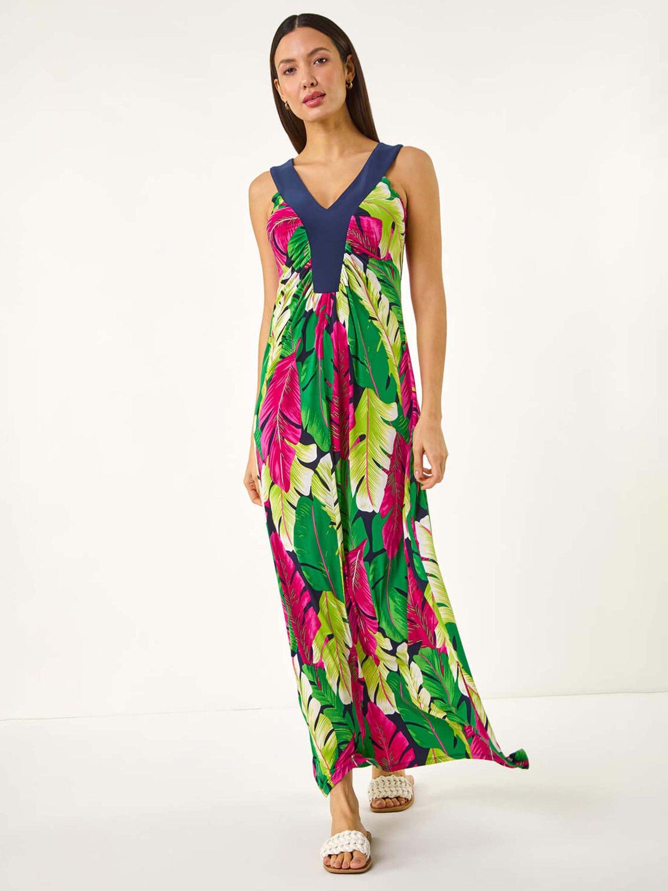 undefined Leaf Print Contrast Band Maxi Dress - Green