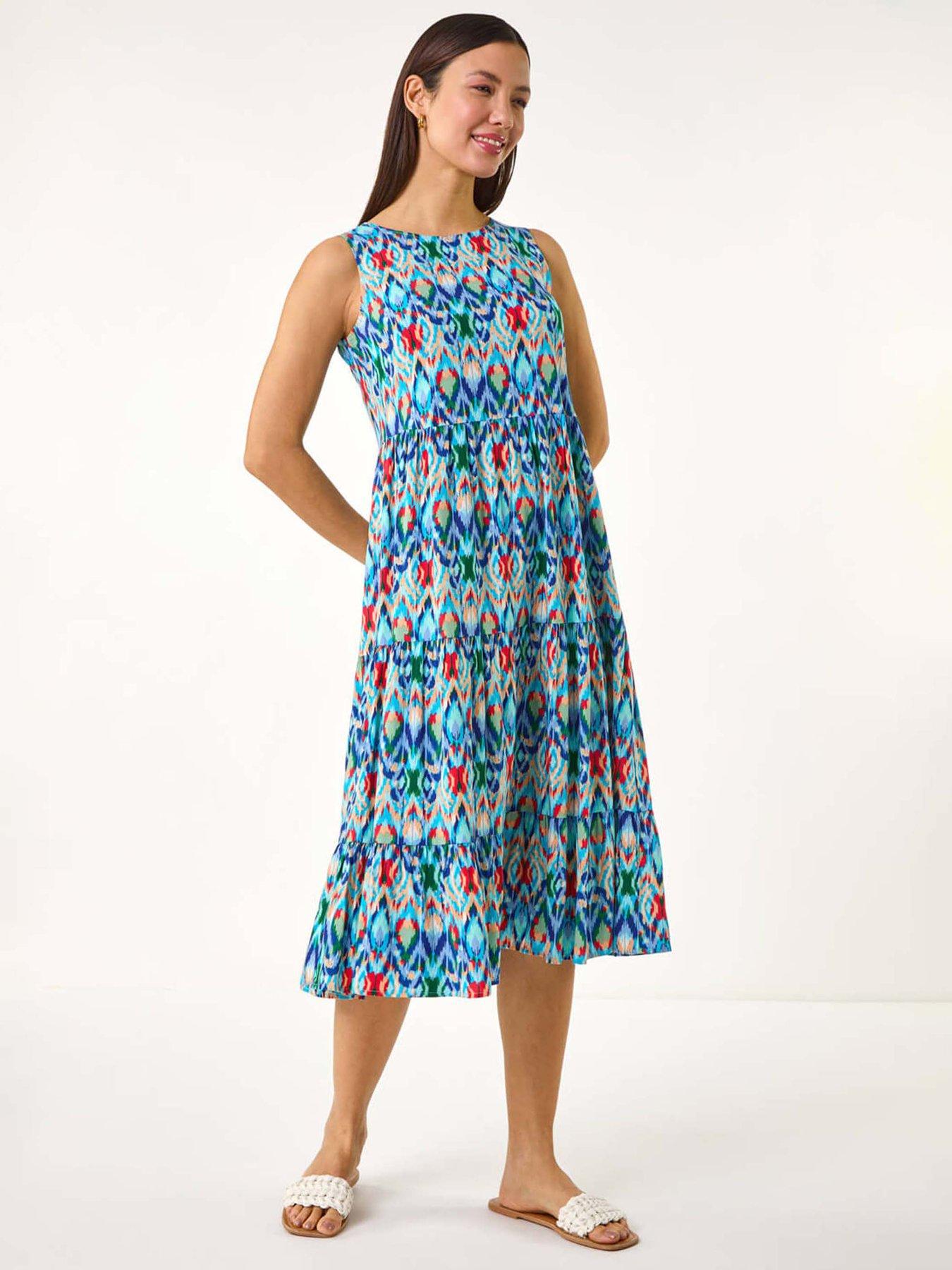 undefined Abstract Print Smock Midi Dress - Blue