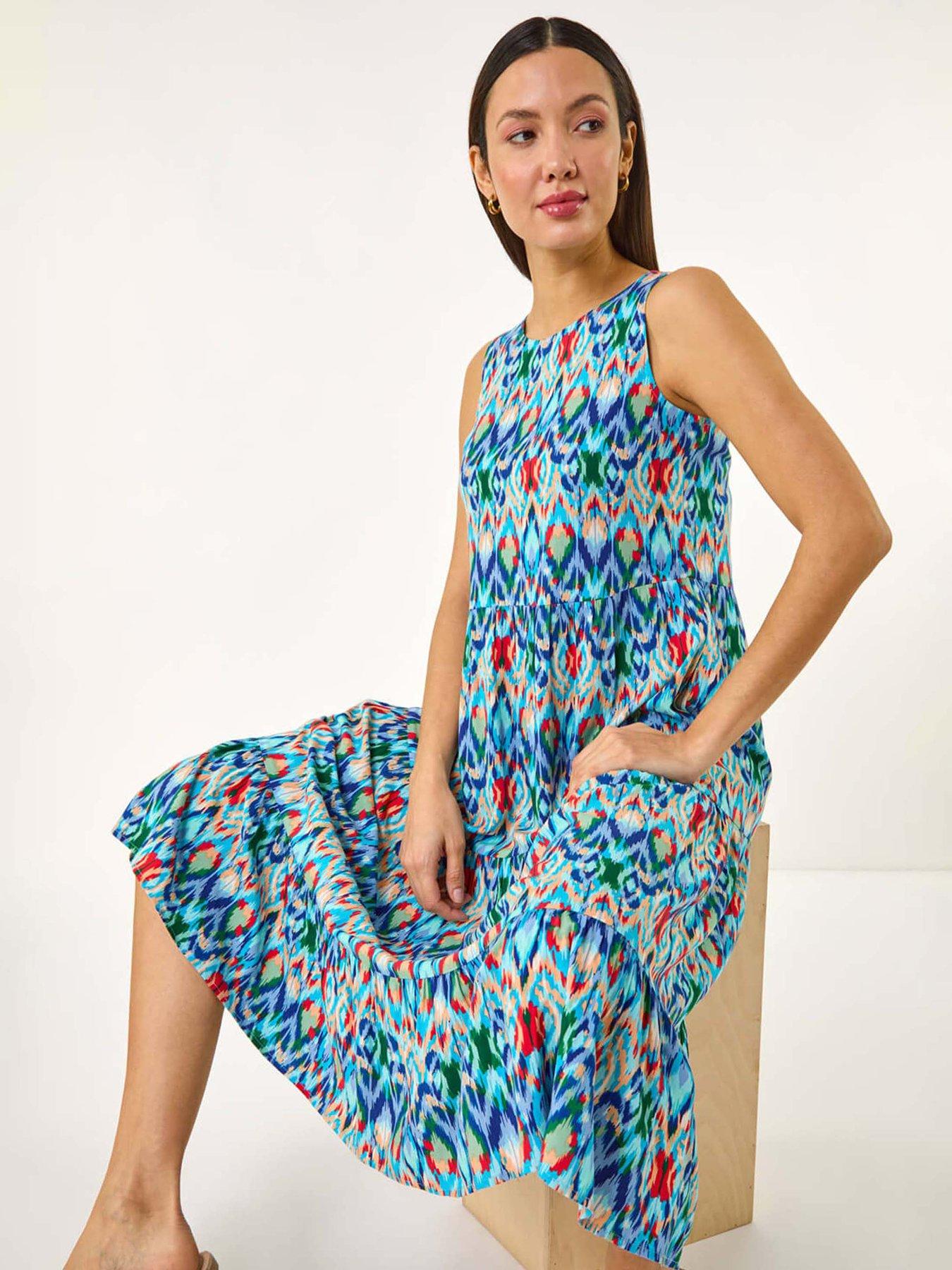 Image 3 of 5 of Roman Abstract Print Smock Midi Dress - Blue