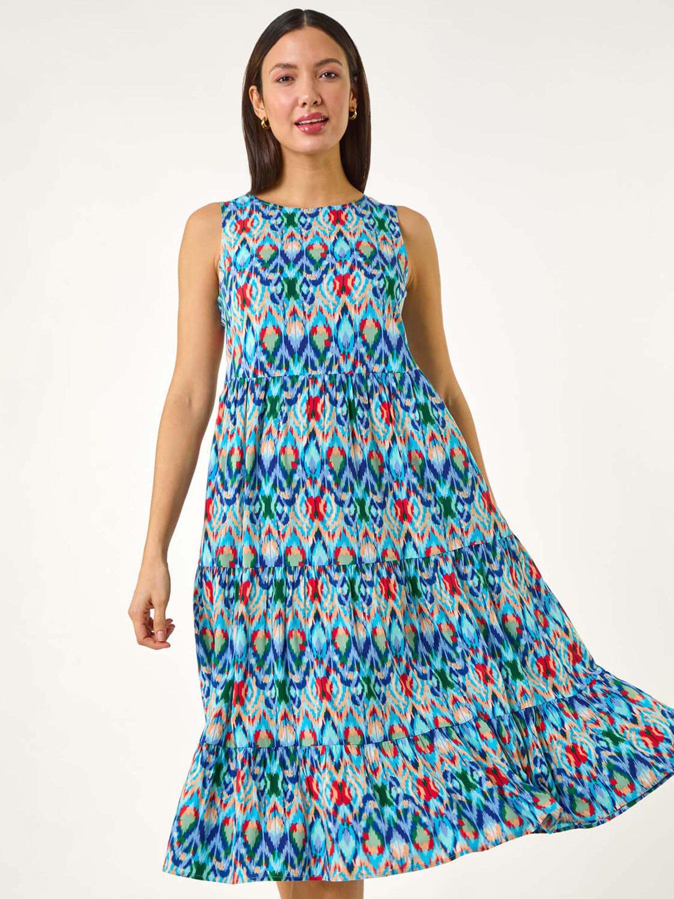 Image 4 of 5 of Roman Abstract Print Smock Midi Dress - Blue
