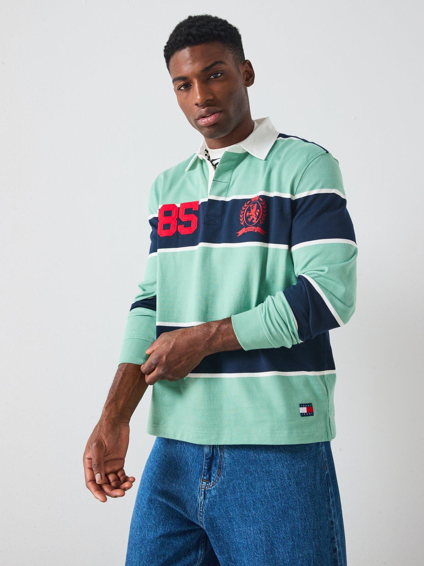 undefined Regular Fit Rugger Stripe Long Sleeve Polo Shirt - Green