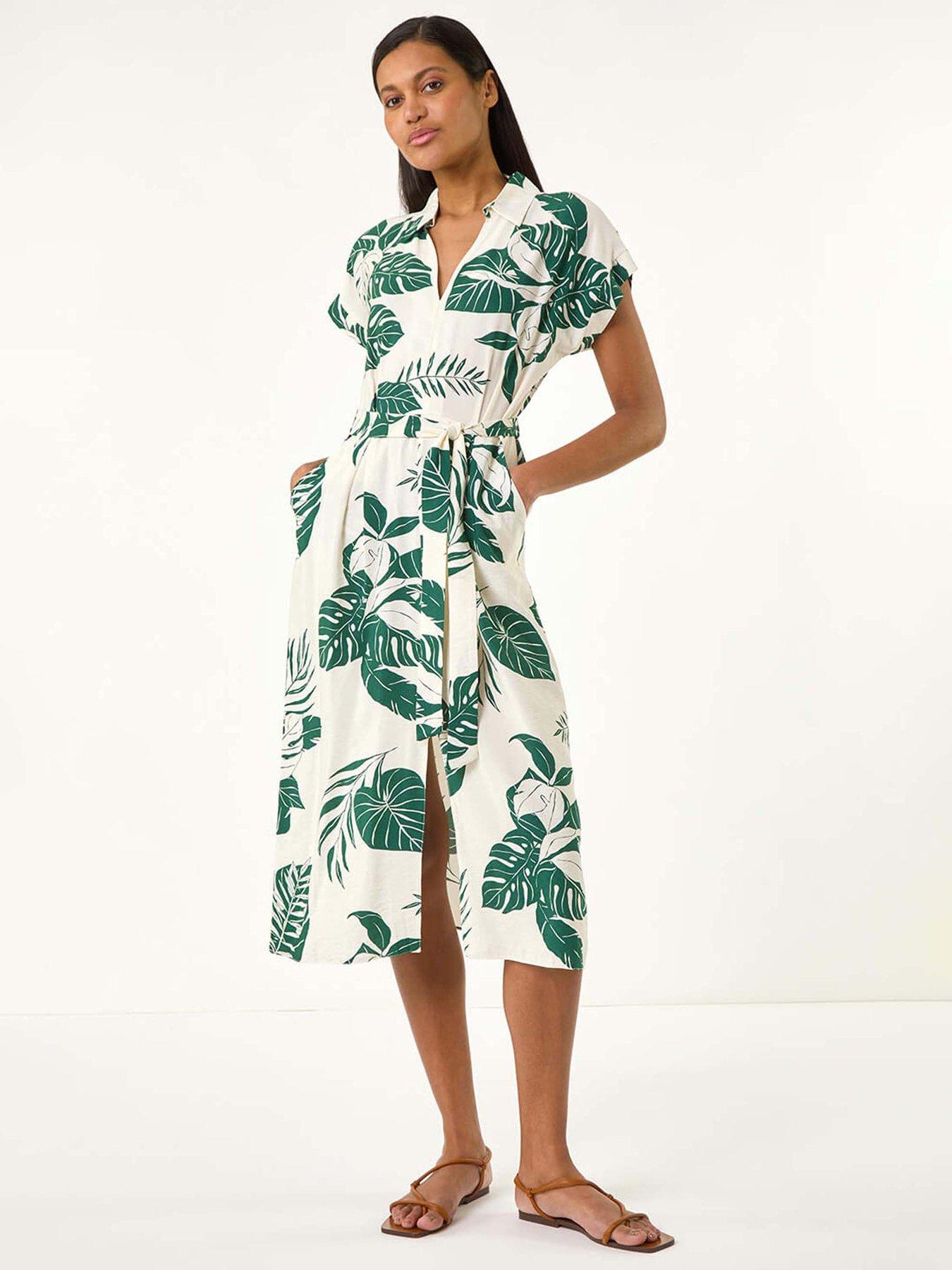 undefined Leaf Print Belted Shirt Midi Dress - Green