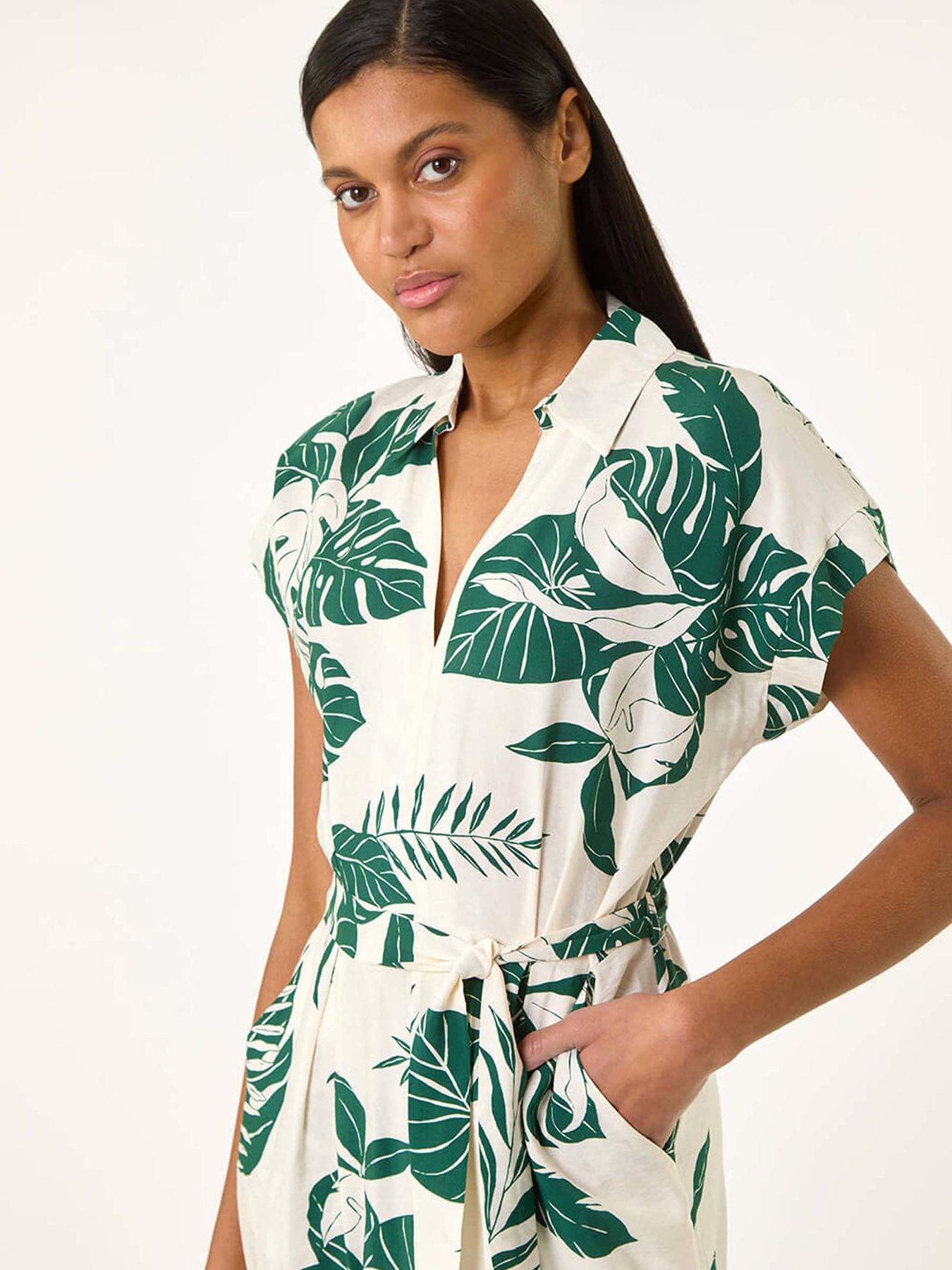LEAF PRINT BELTED DRESS