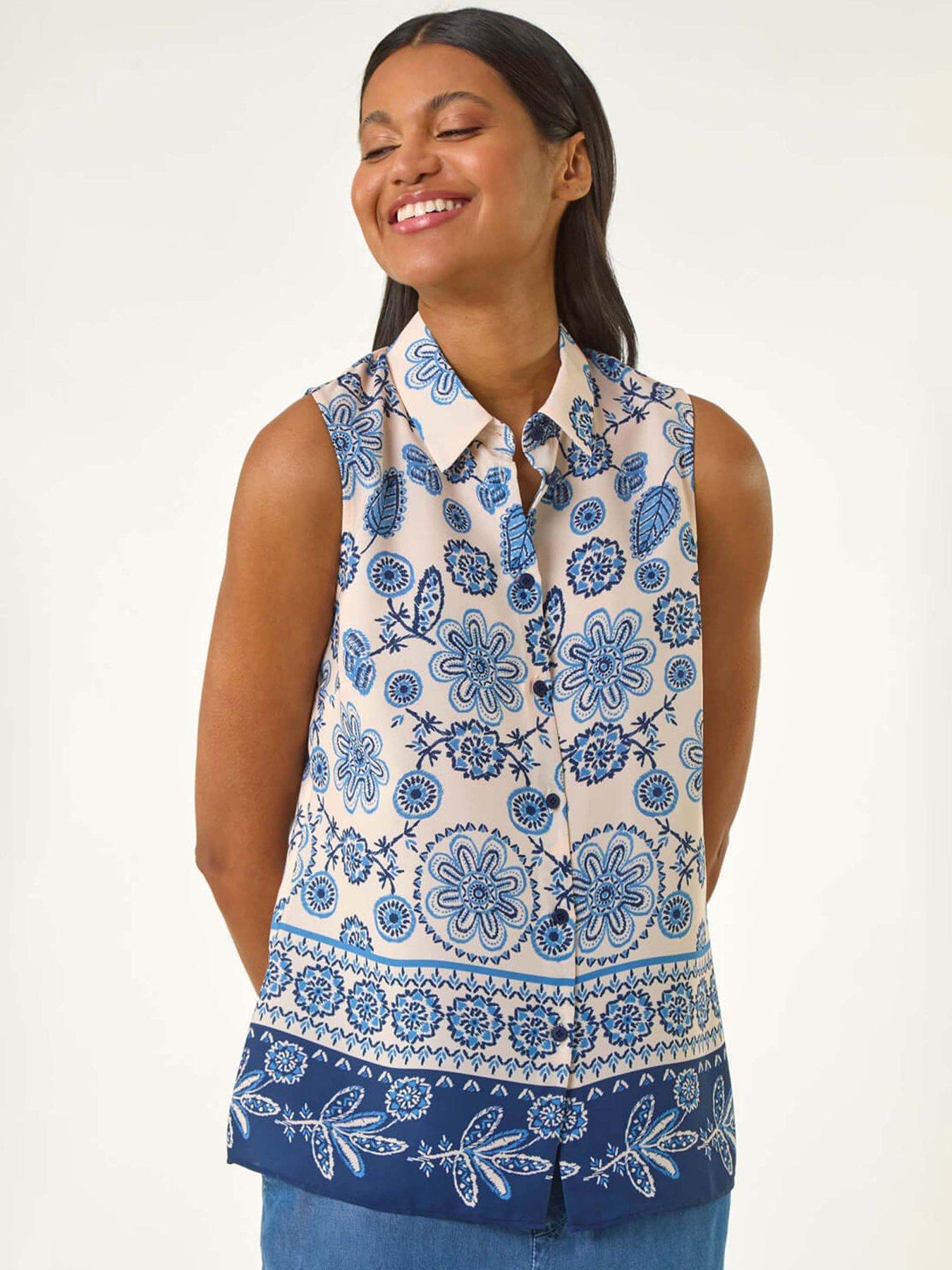 undefined Border Print Collared Blouse - Blue