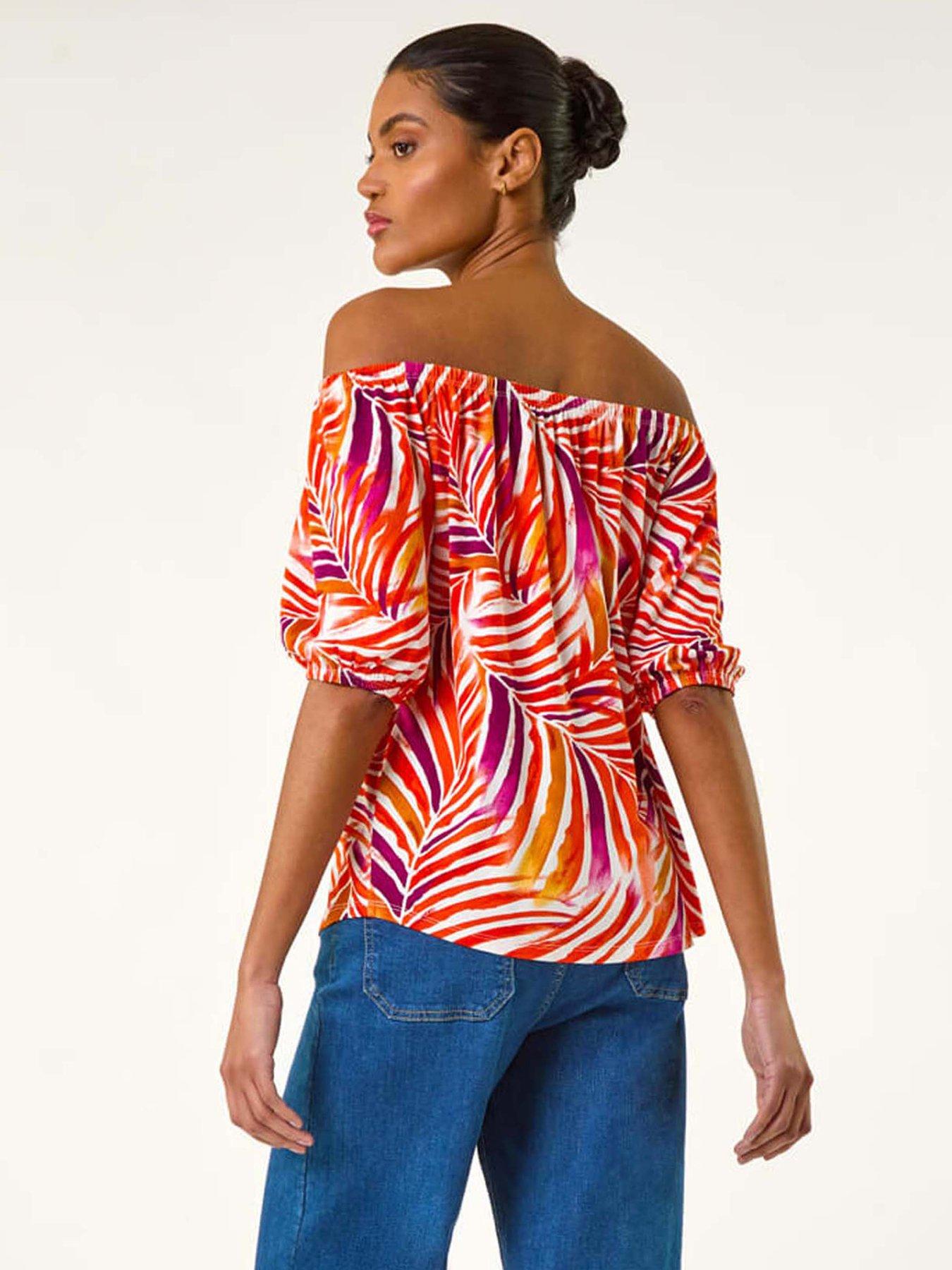 Image 2 of 5 of Roman Floral Print Bardot Stretch Top - Red