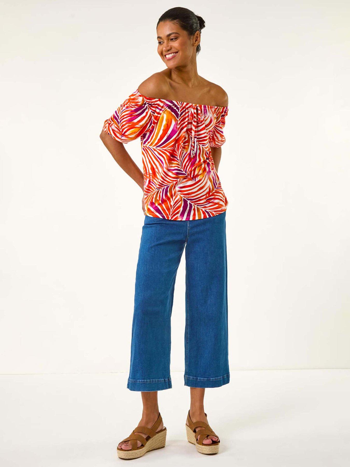 Image 3 of 5 of Roman Floral Print Bardot Stretch Top - Red