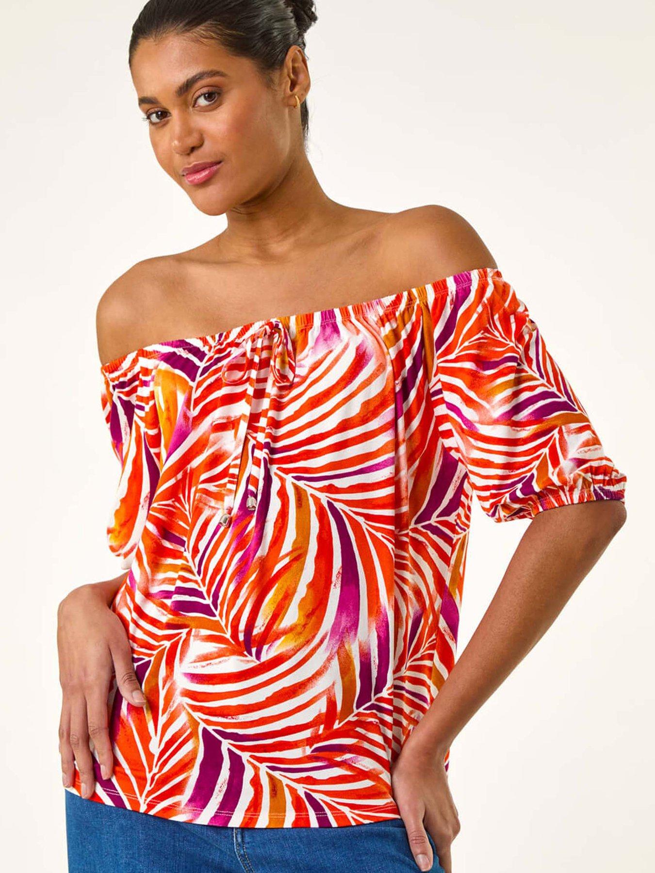 Image 4 of 5 of Roman Floral Print Bardot Stretch Top - Red