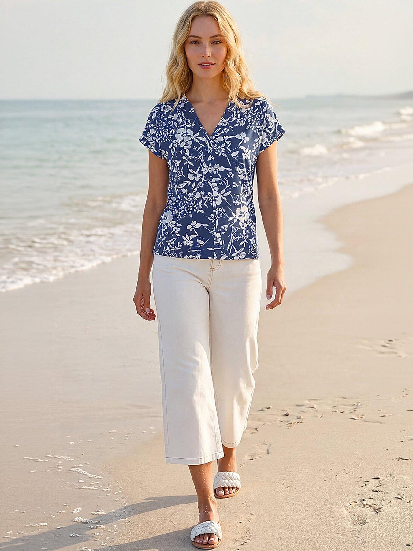 Image 1 of 5 of Roman Floral Notch Neck T-shirt - Navy