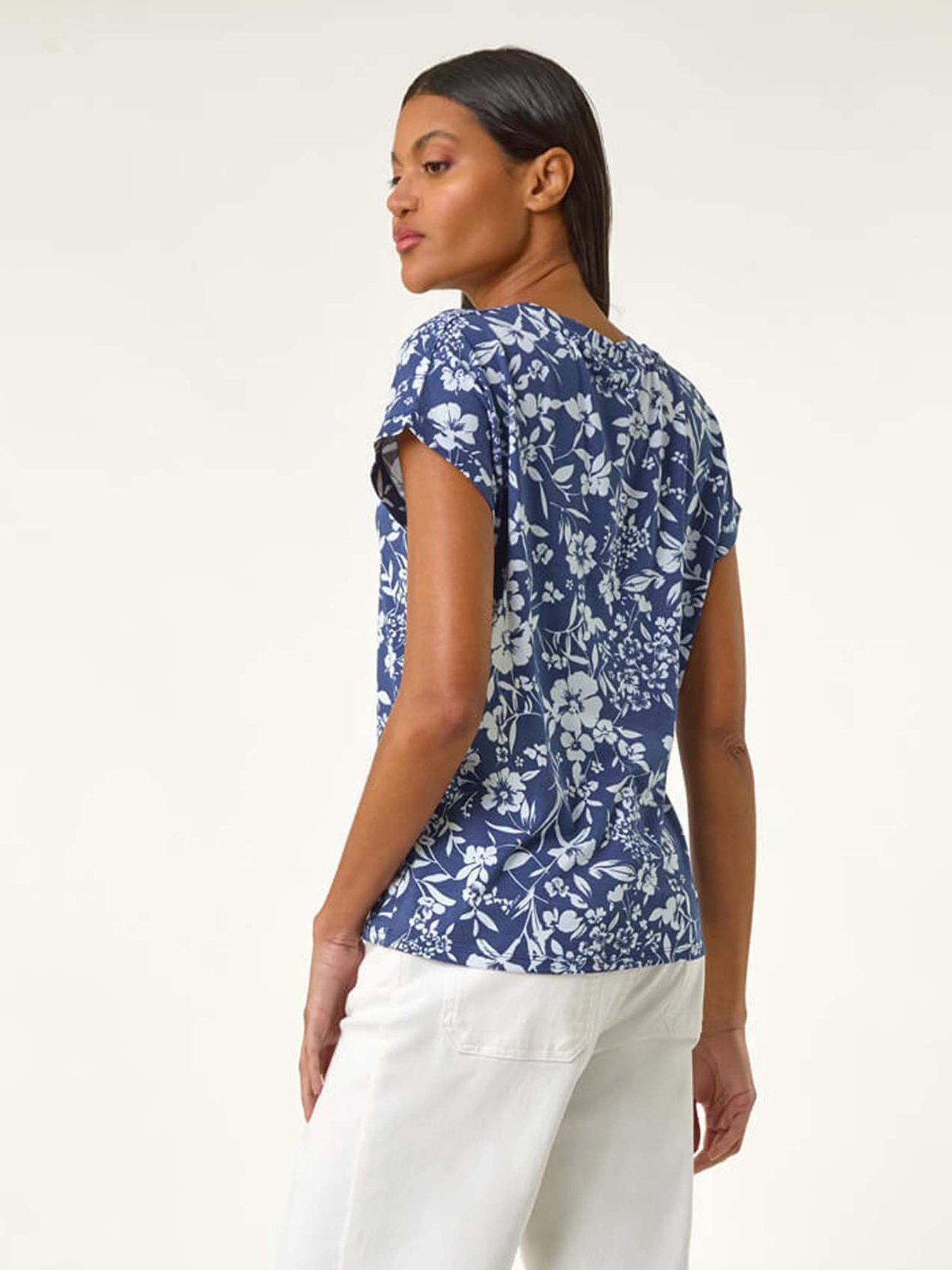 Image 2 of 5 of Roman Floral Notch Neck T-shirt - Navy