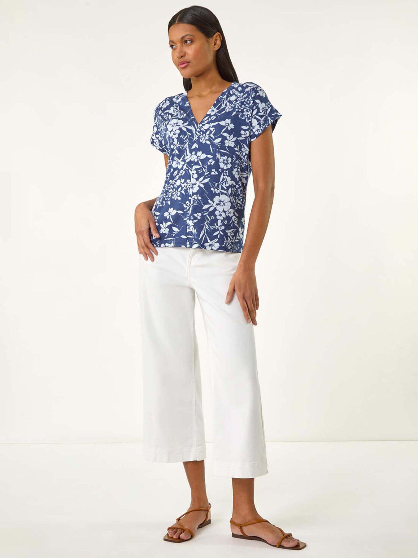 Image 3 of 5 of Roman Floral Notch Neck T-shirt - Navy
