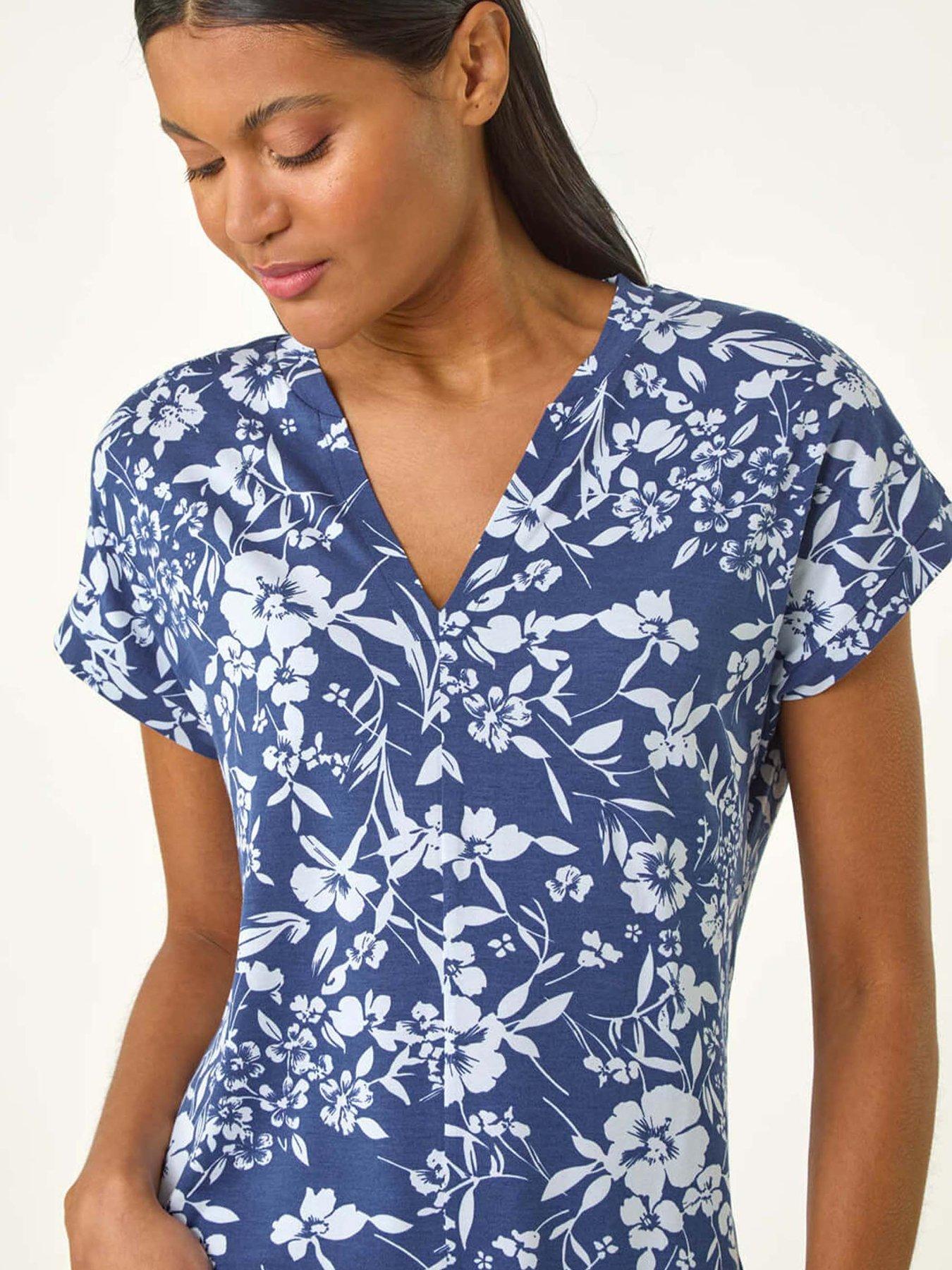 Image 4 of 5 of Roman Floral Notch Neck T-shirt - Navy
