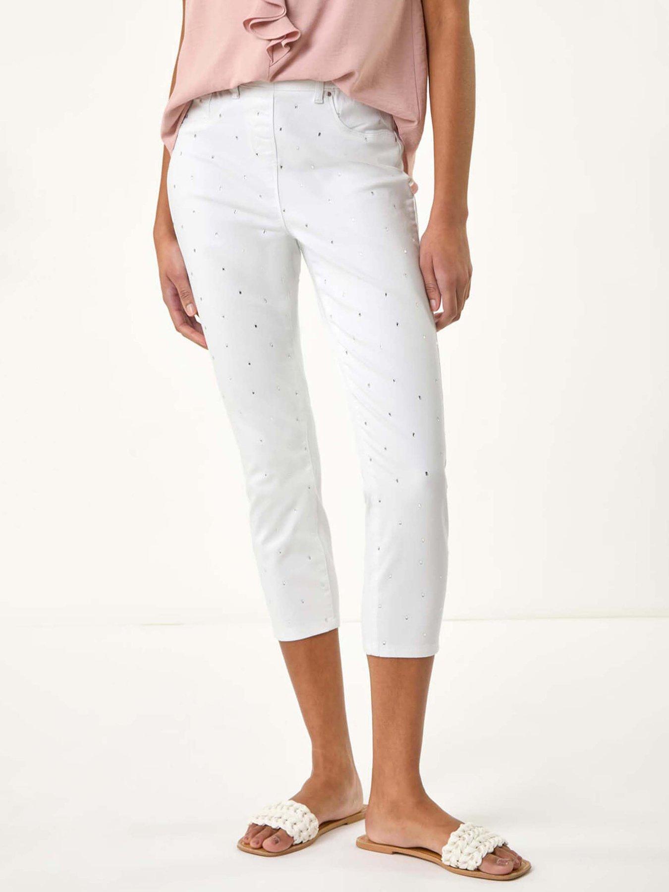 undefined Embellished Cropped Stretch Jeggings - White