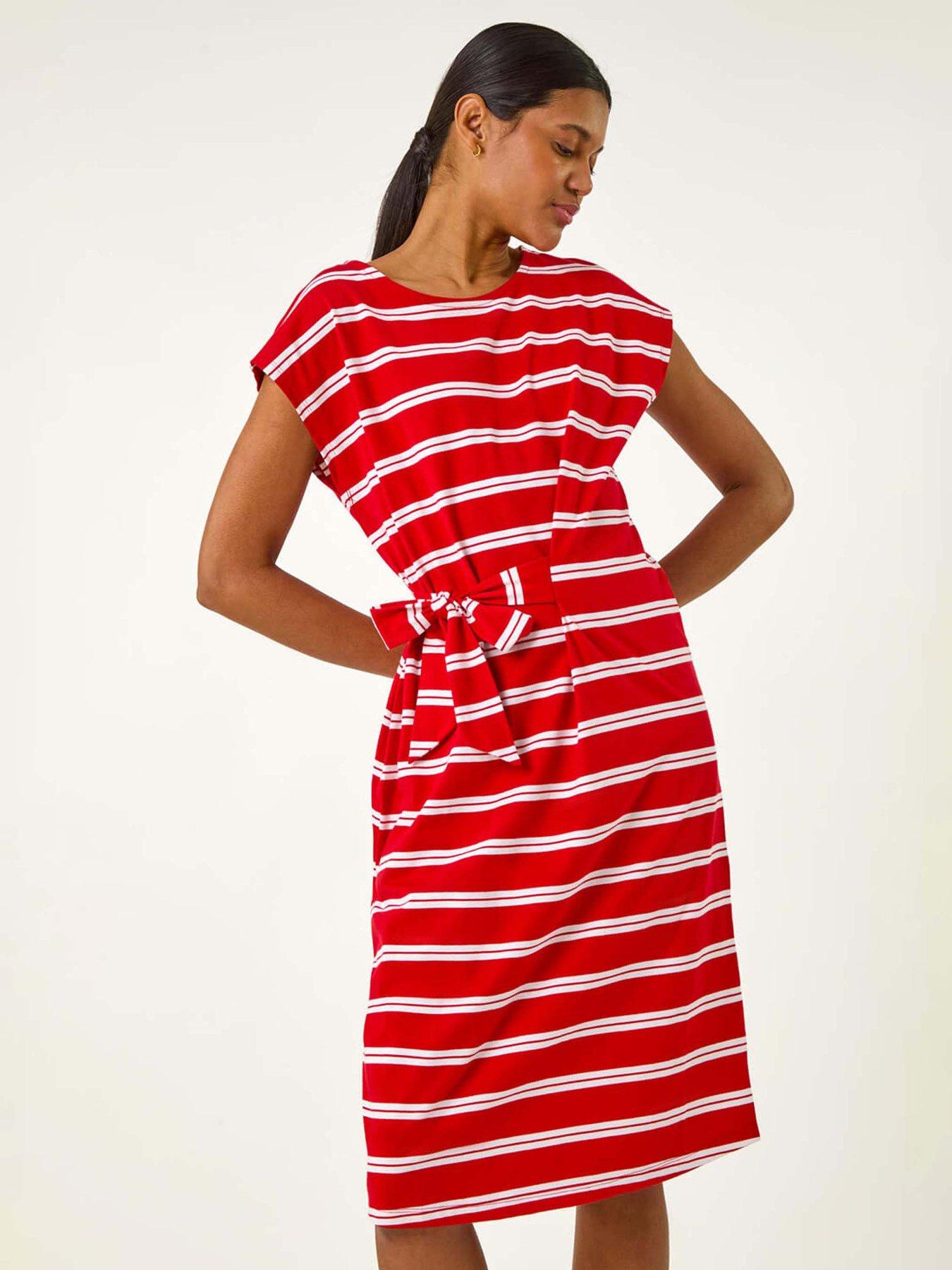 Roman Stripe Tie Side Stretch Midi Dress - Red | Very