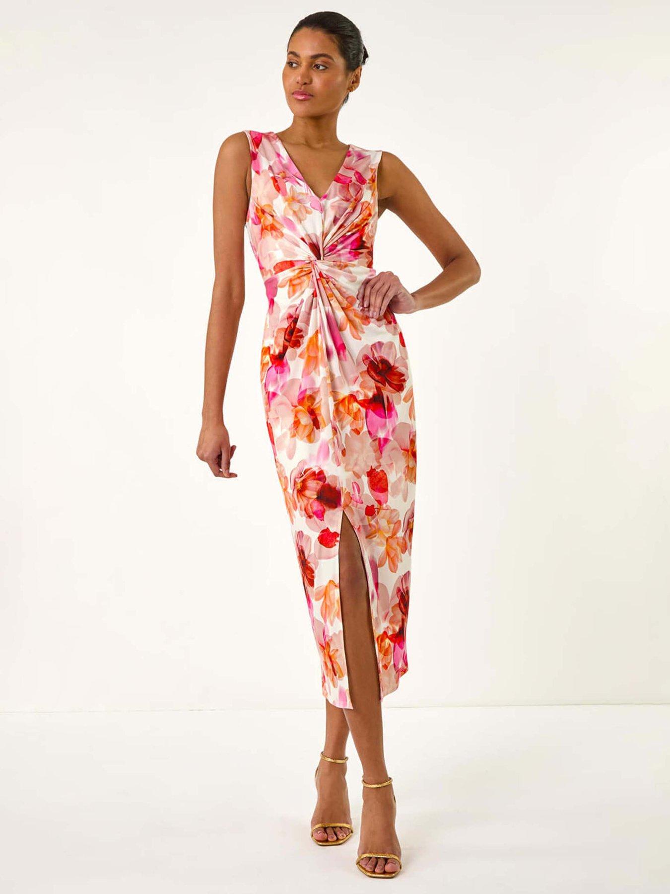undefined Floral Print Twist Front Midi Dress - Pink