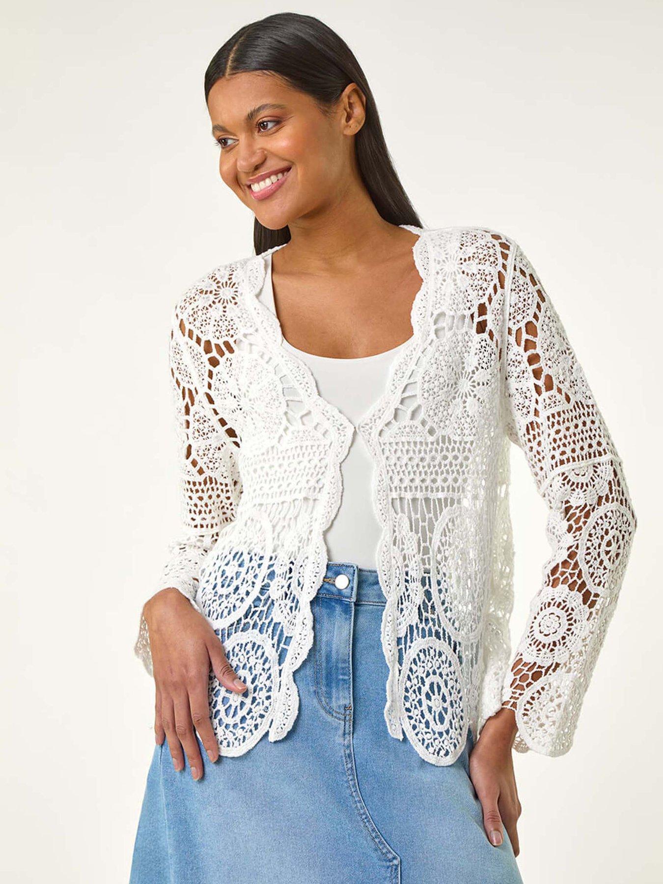 undefined Crochet Tie Front Knit Cardigan - White