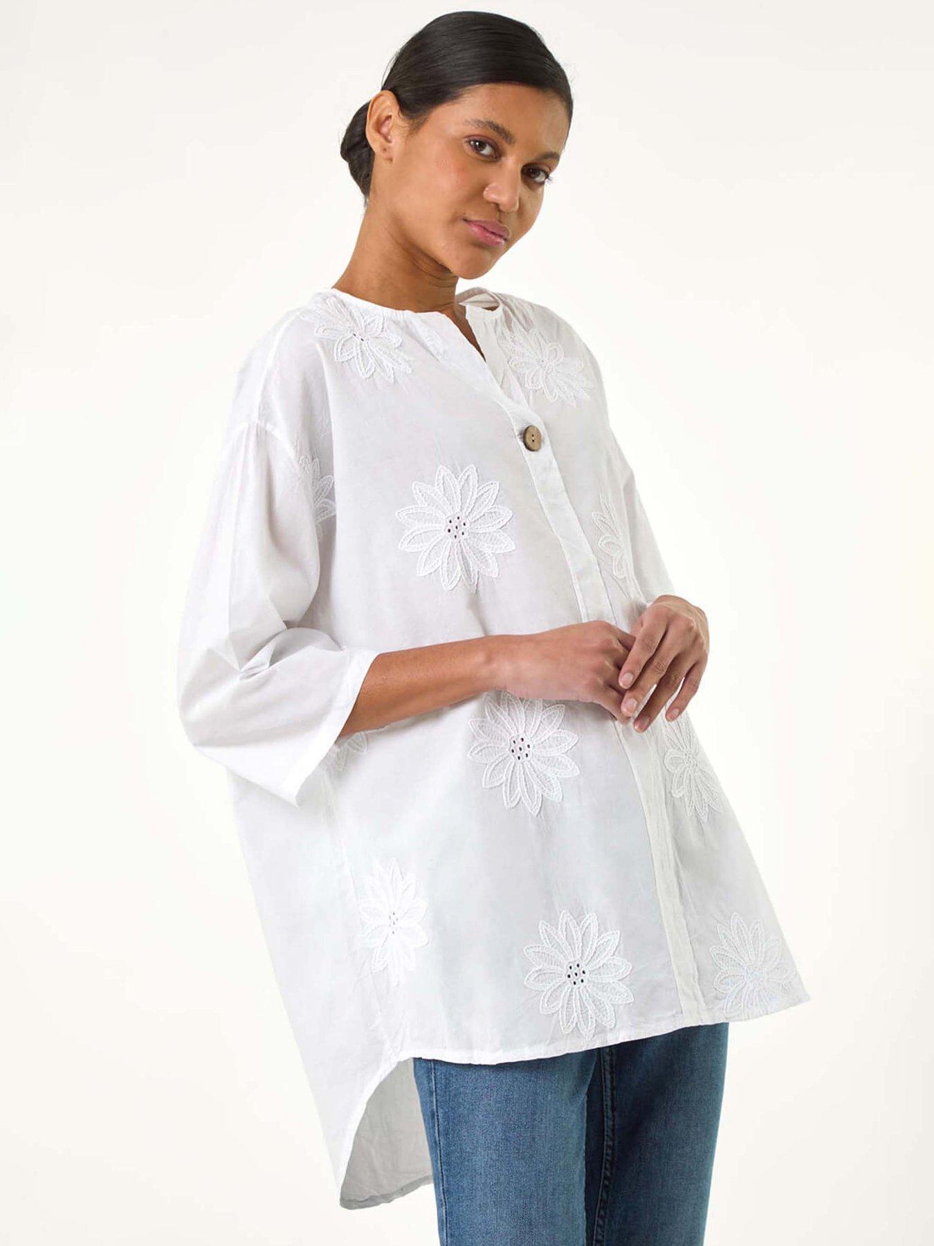 undefined Cotton Floral Embroidered Tunic Top - White