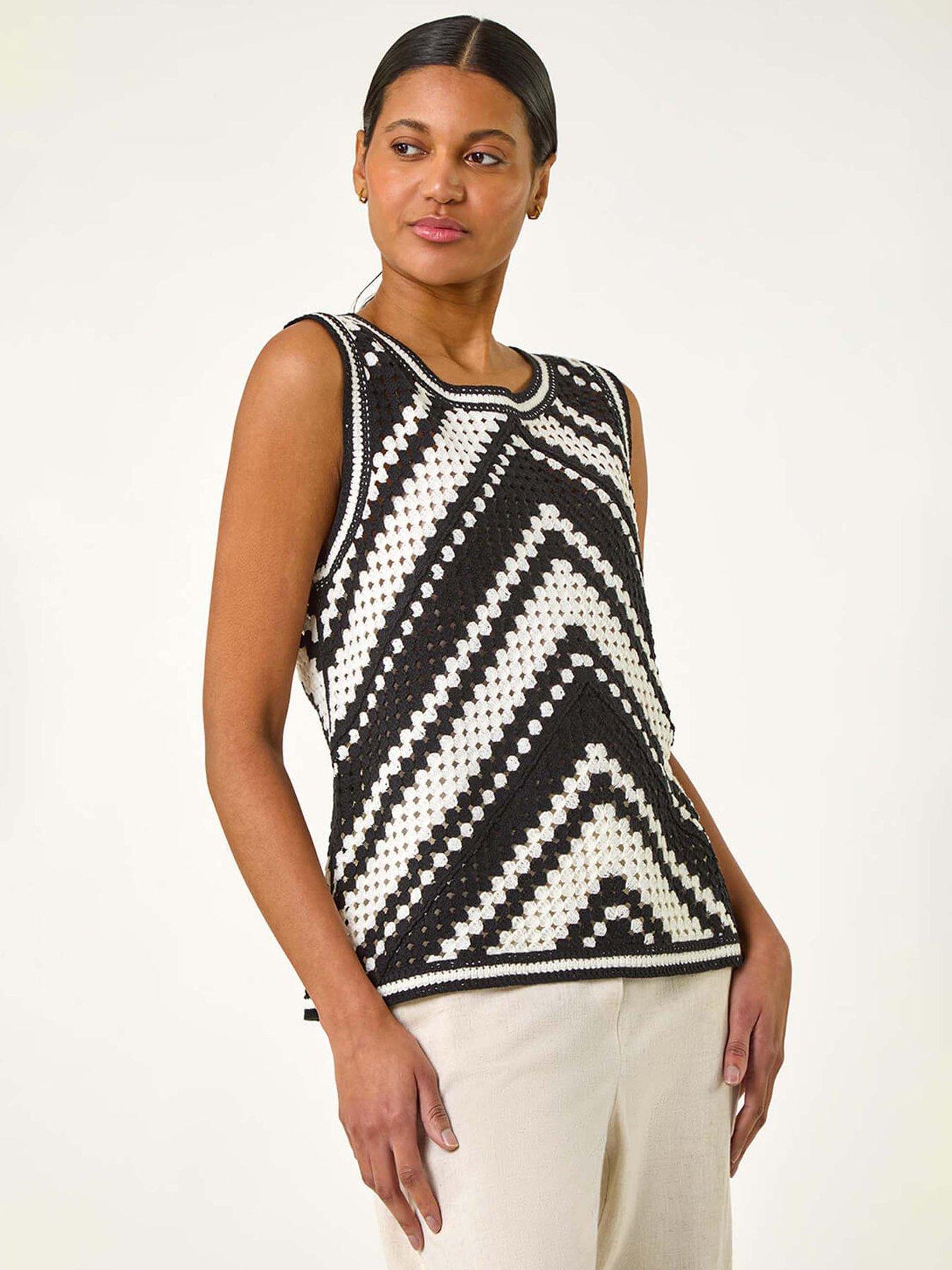Roman Chevron Crochet Knit Vest Top Black Very