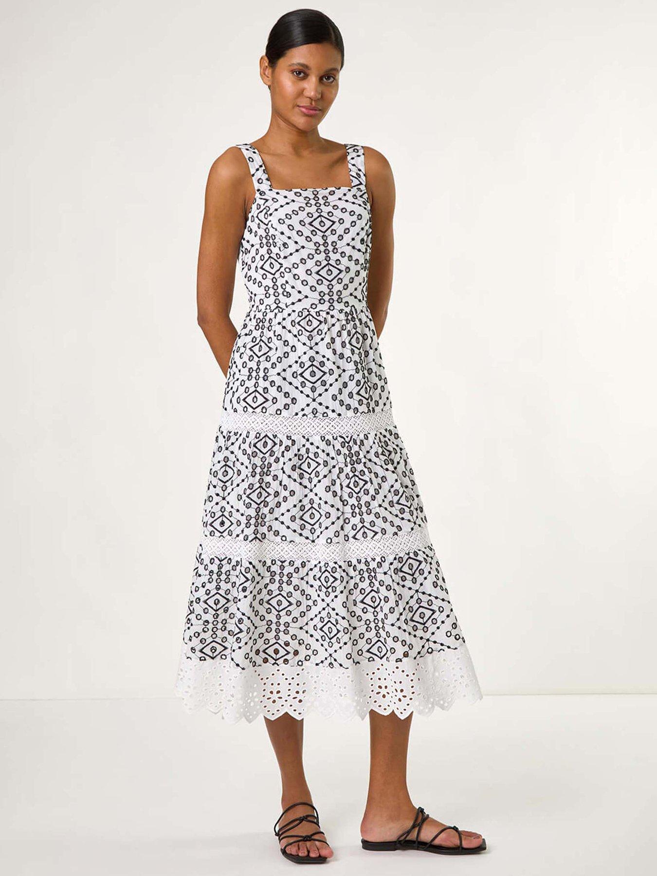 Roman Broderie Strappy Midi Dress, Black, Size 20, Women