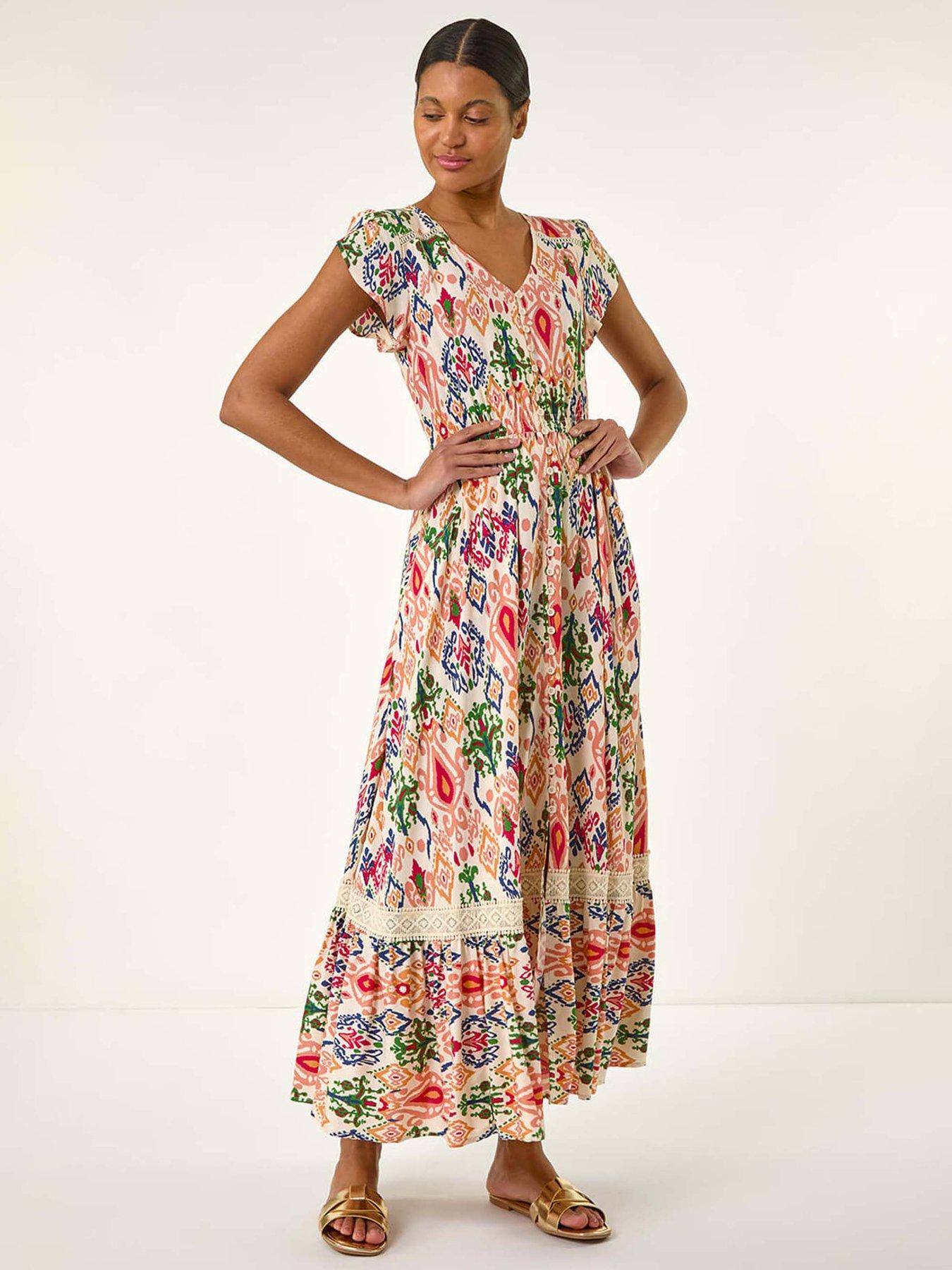 Roman Abstract Button Through Maxi Dress, Orange, Size 18, Women