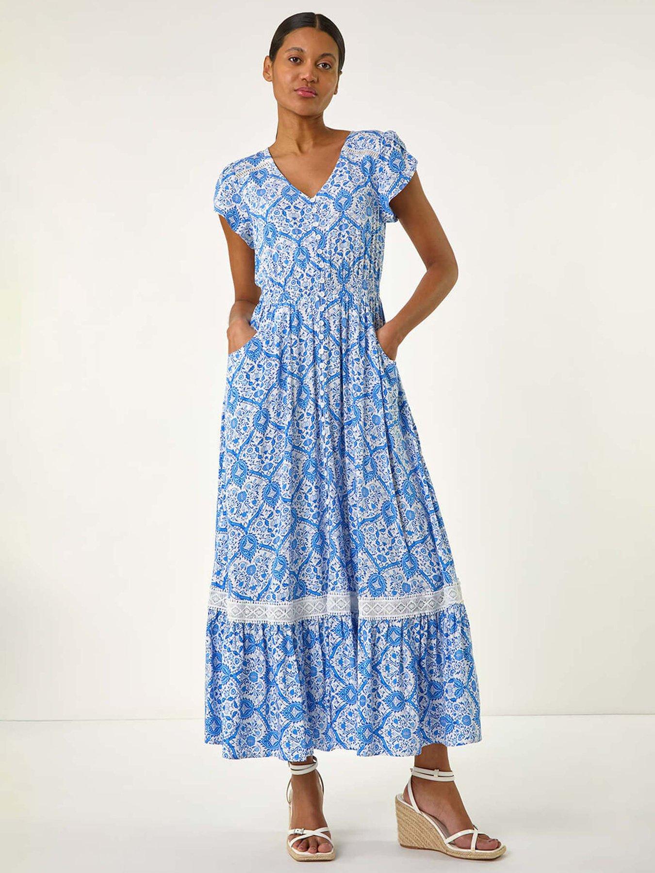 undefined Tile Print Shirred Waist Maxi Dress - Blue