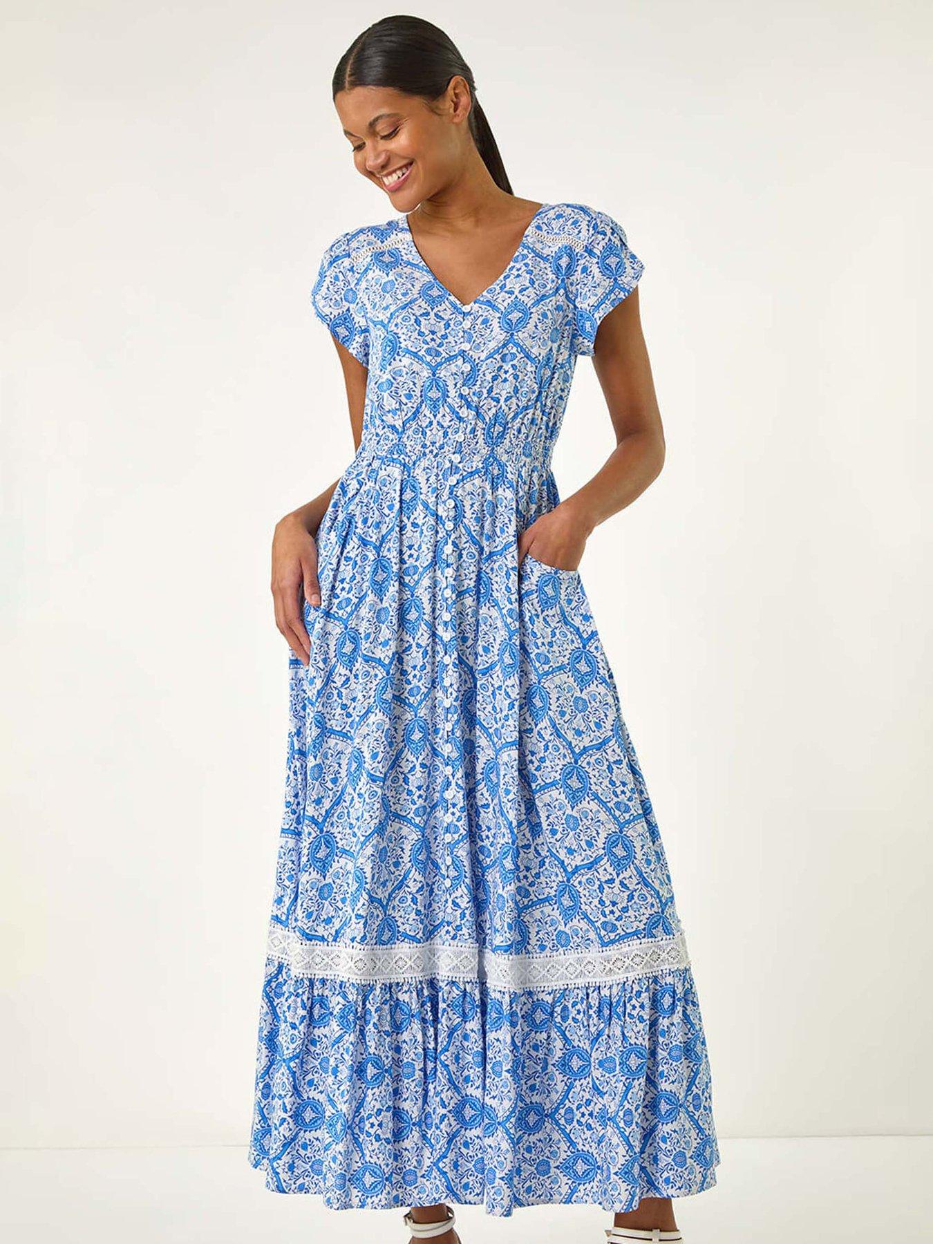 Roman Tile Print Shirred Waist Maxi Dress - Blue | Very