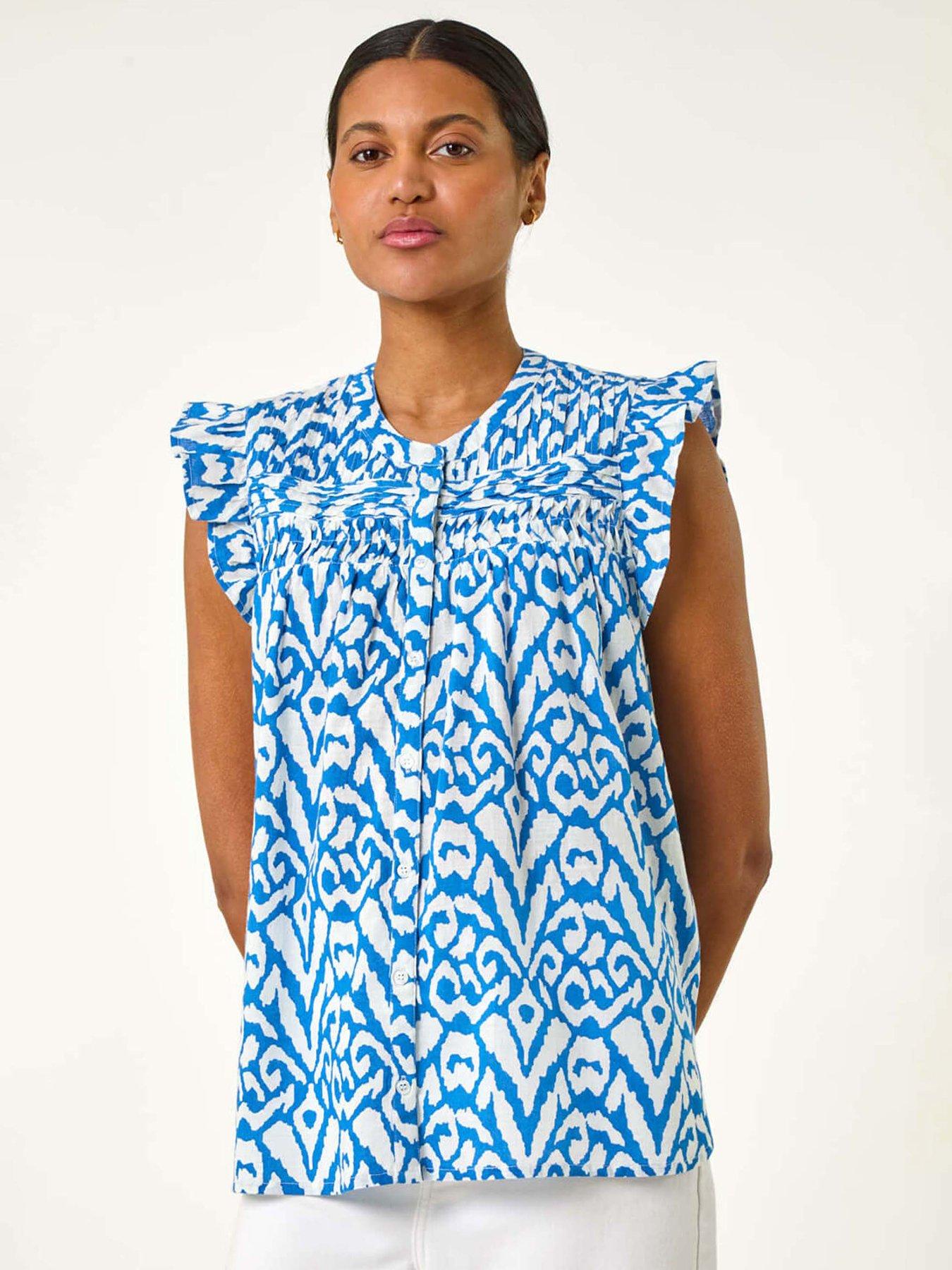 undefined Abstract Print Pleated Sleeve Blouse - Blue