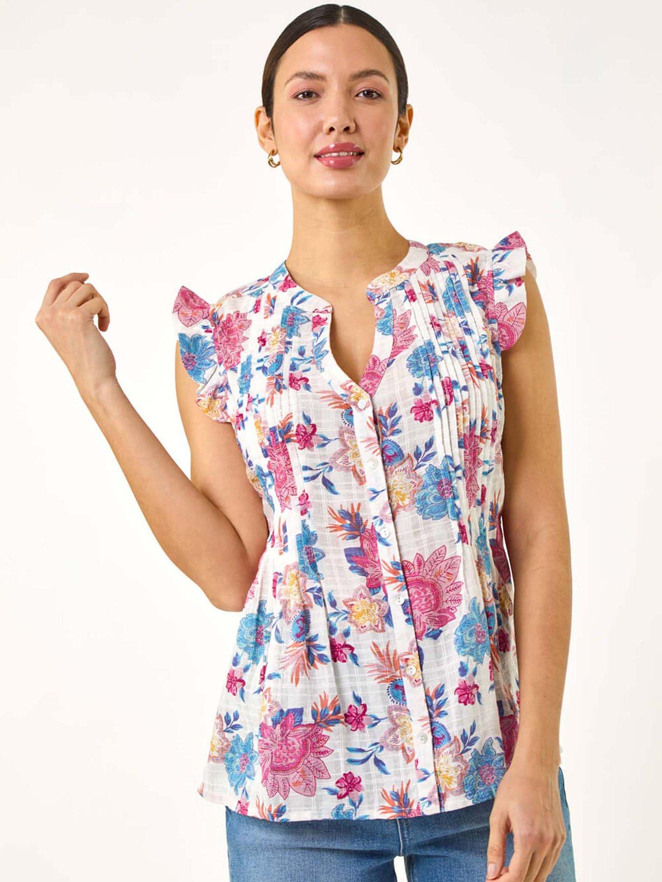 undefined Floral Print Pintuck Frill Blouse - Pink