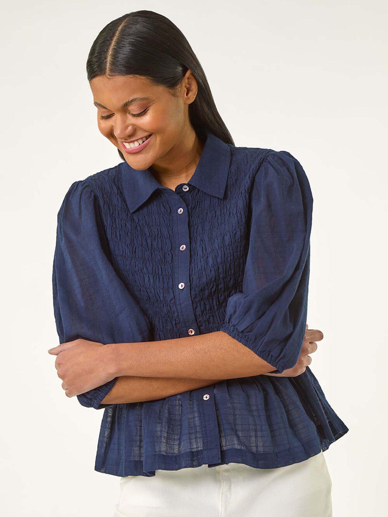 undefined Shirred Printed Blouse - Navy