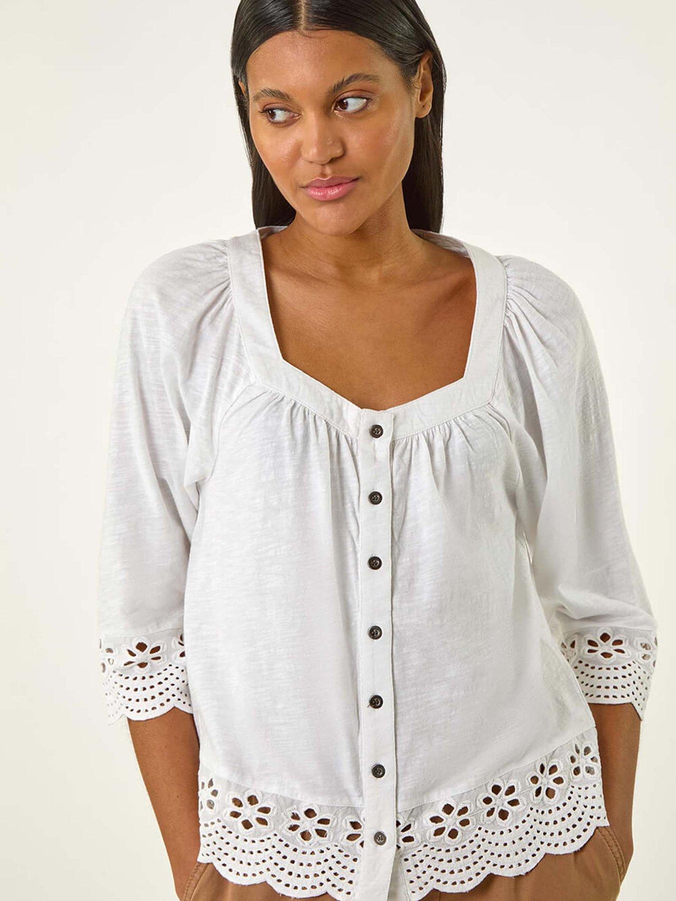 undefined Cotton Broderie Hem Blouse - White