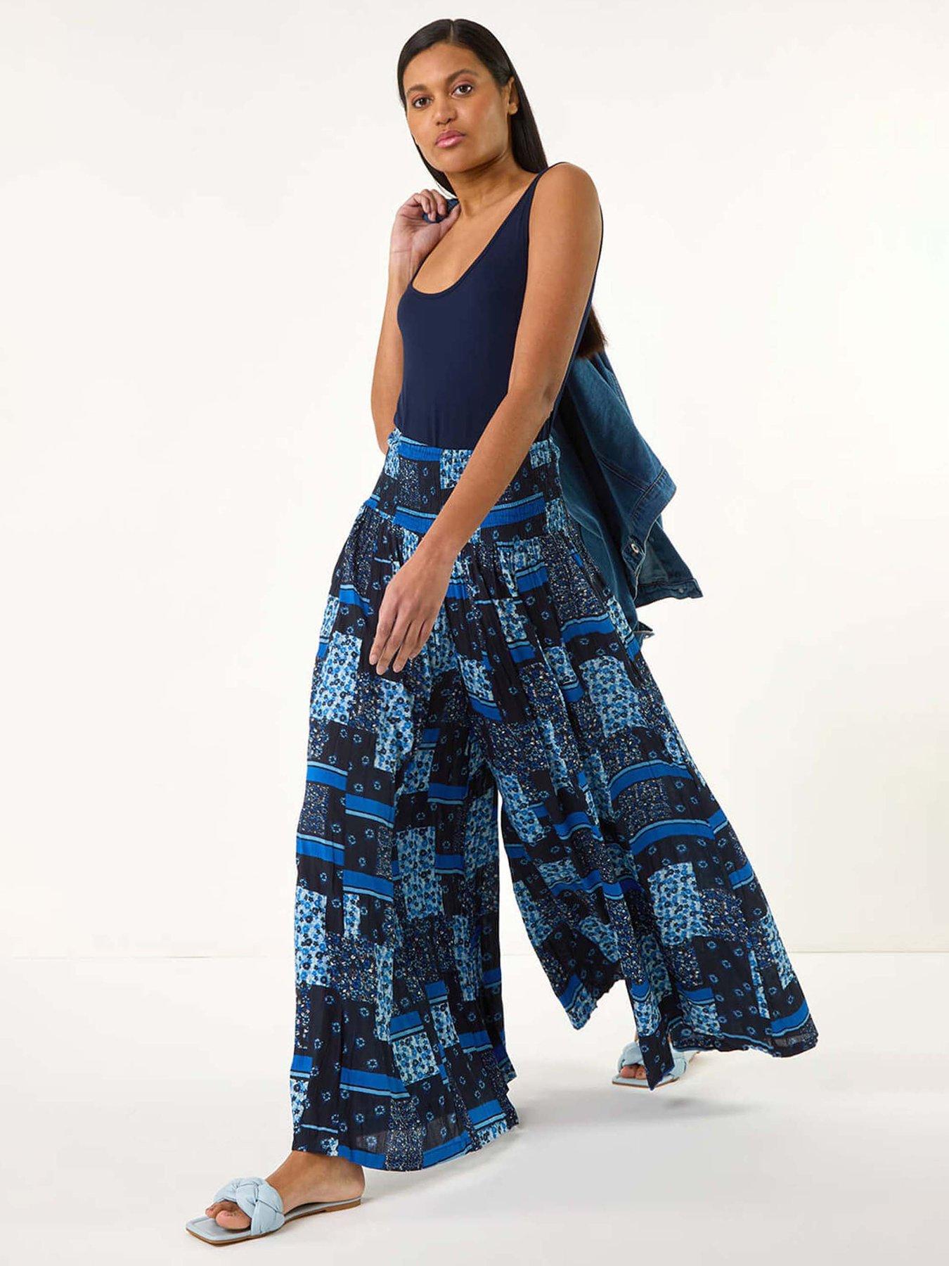 undefined Floral Tile Print Palazzo Wide Leg Trouser - Blue