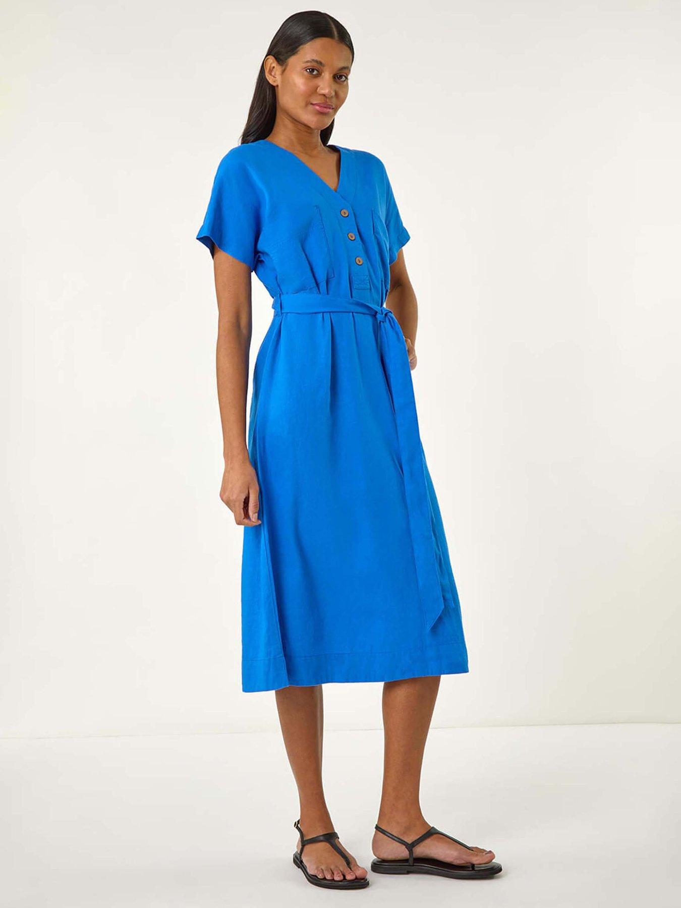 undefined Button Linen Mix Midi Dress - Blue