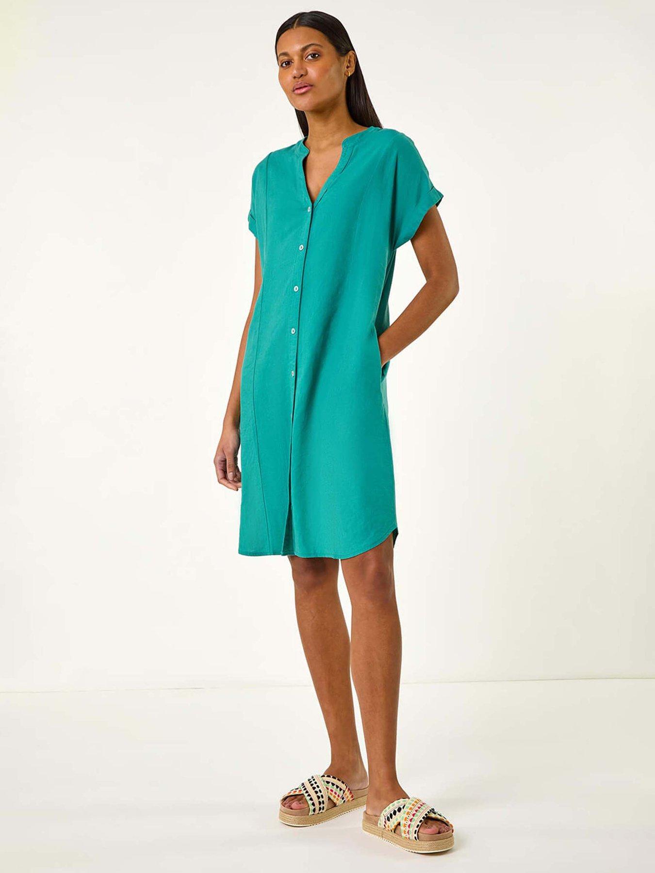 undefined Linen Mix Shift Dress - Green