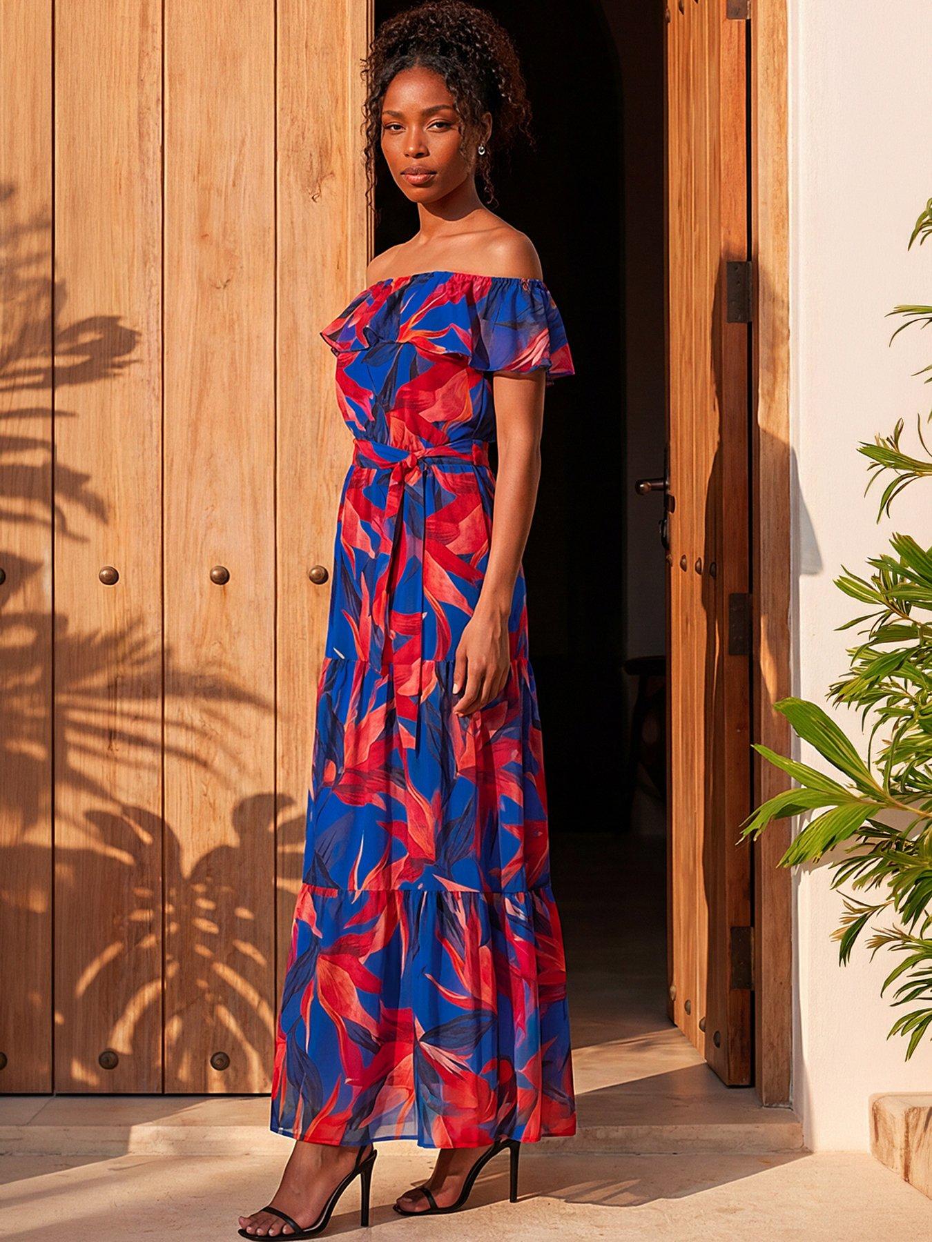 Roman Floral Print Bardot Belted Maxi Dress, Navy, Size 12, Women