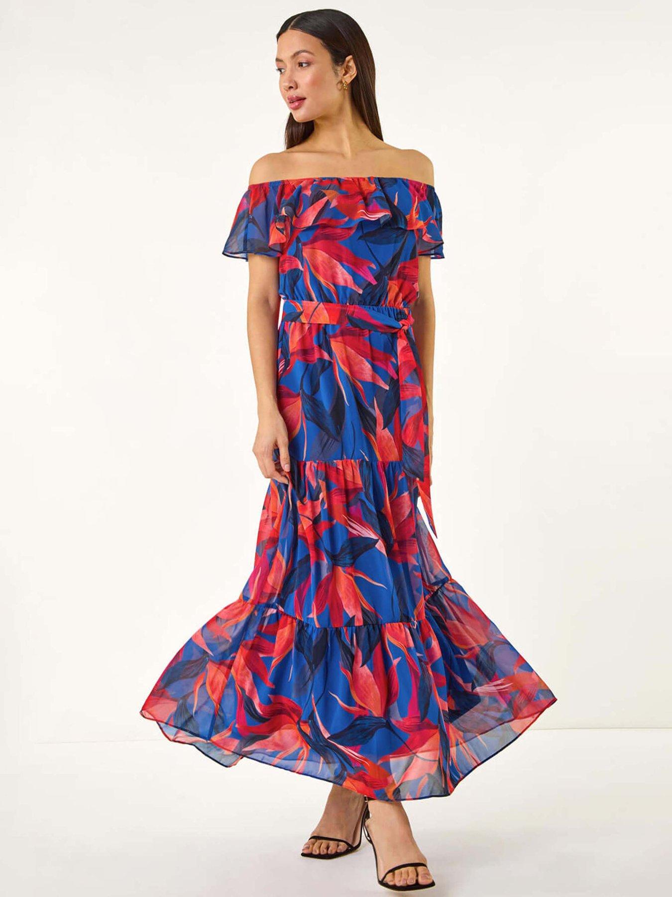 undefined Floral Print Bardot Belted Maxi Dress - Navy