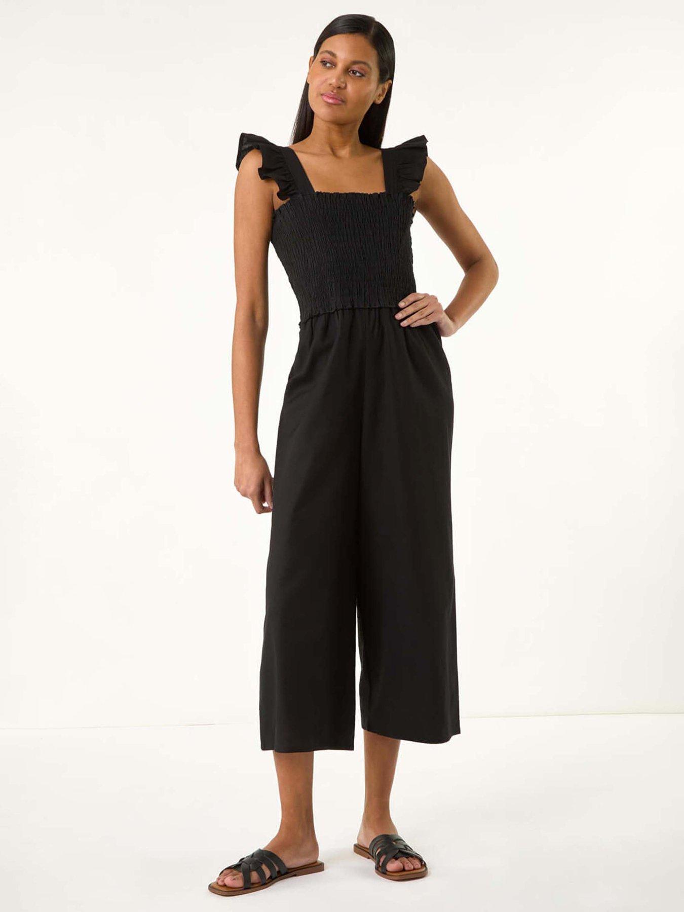 undefined Cotton Linen Blend Frill Jumpsuit - Black