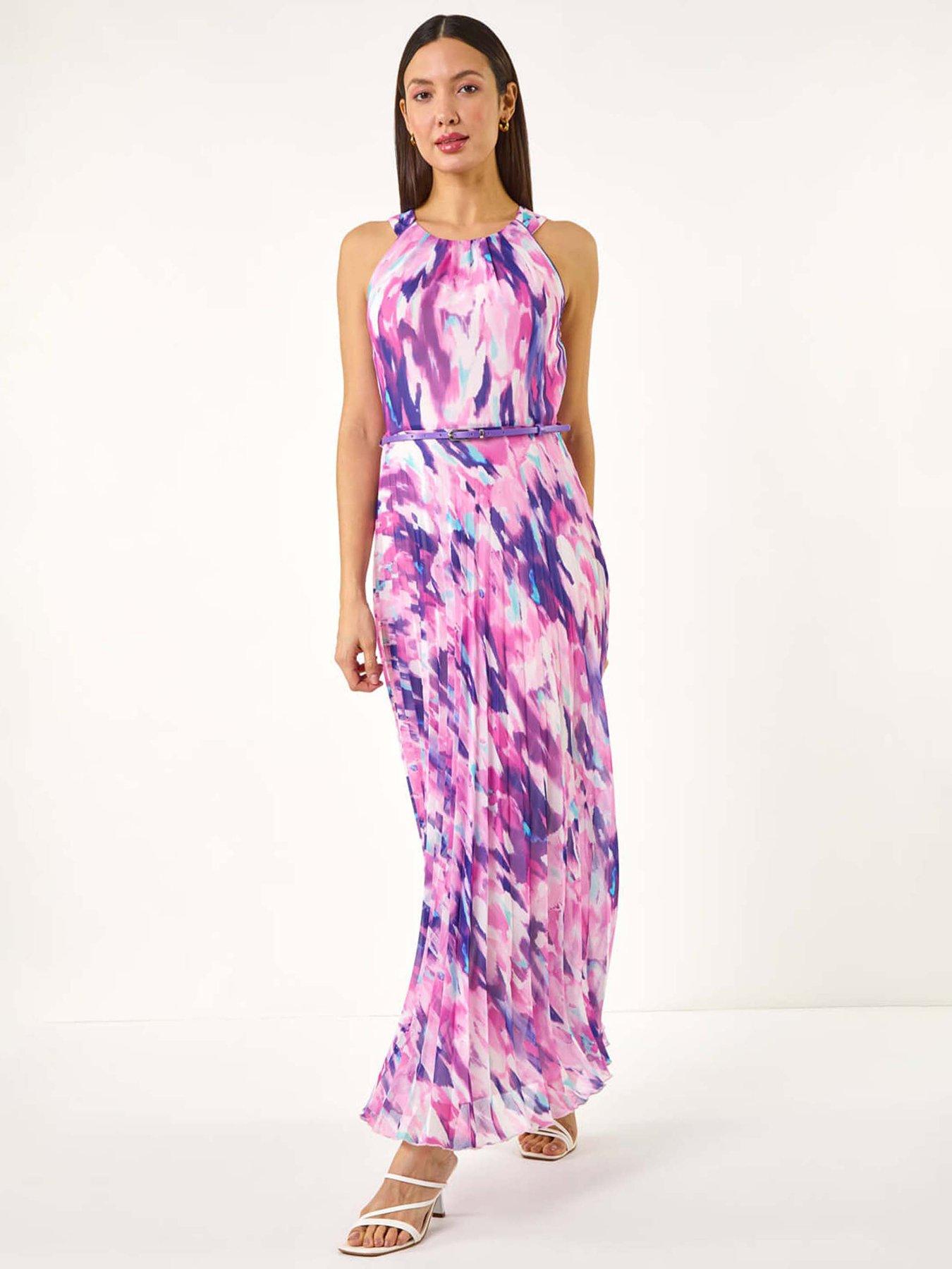 undefined Blurred Print Pleated Maxi Dress - Purple